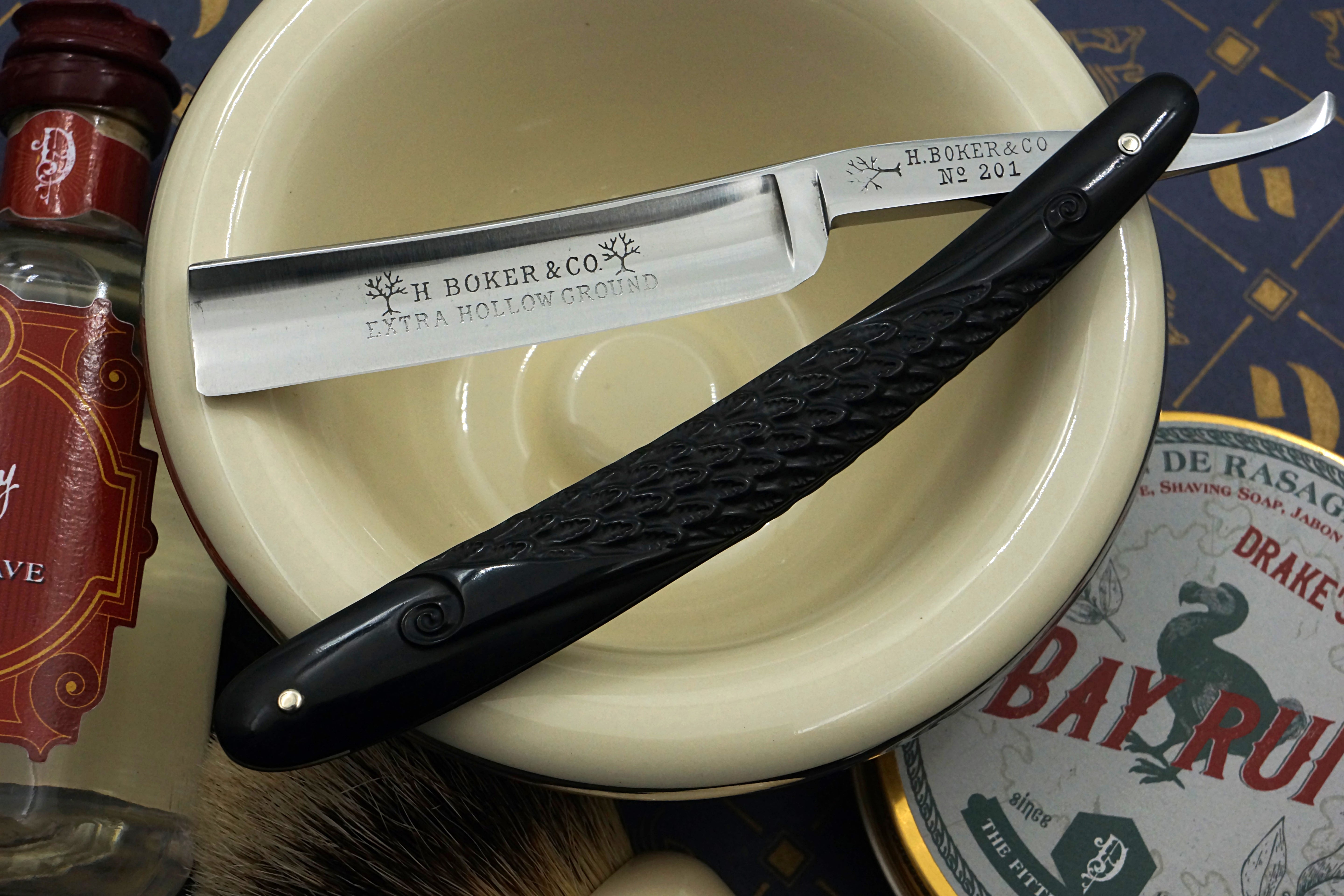 H. Böker &amp; Co. Damaszener Magnetstahl – Wunderschöne, ausgefallene Griffschalen 6/8 – Deutsches Vintage-Rasiermesser – Rasurbereit 