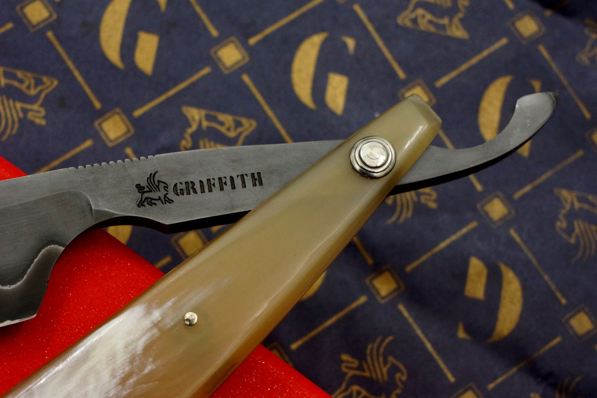 Griffith 15/16 Blue Steel & Stainless San Mai Quarter Hollow - Horn Scales Artisan Straight Razor
