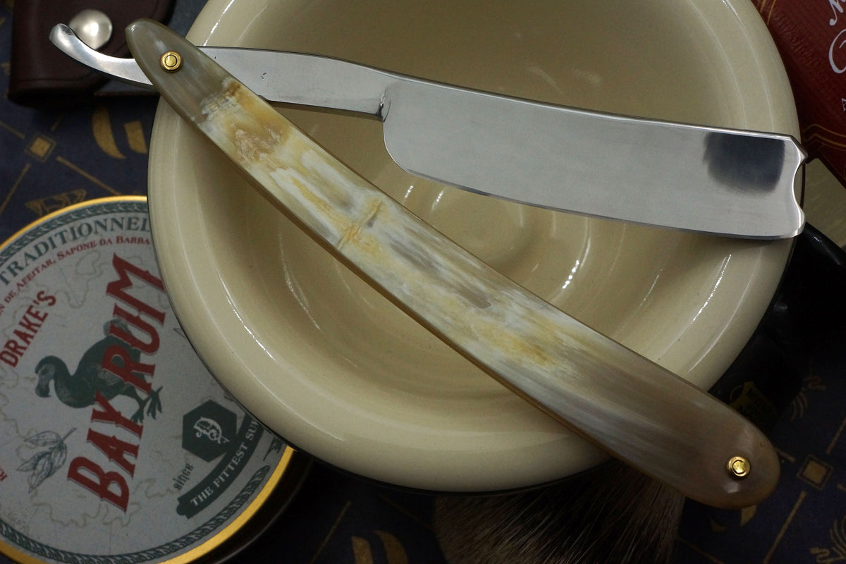 Frederick Reynolds 6/8 Near Wedge Etched Blade with New Horn Scales - Fully Restored Sheffield Straight Razor - Shave Ready