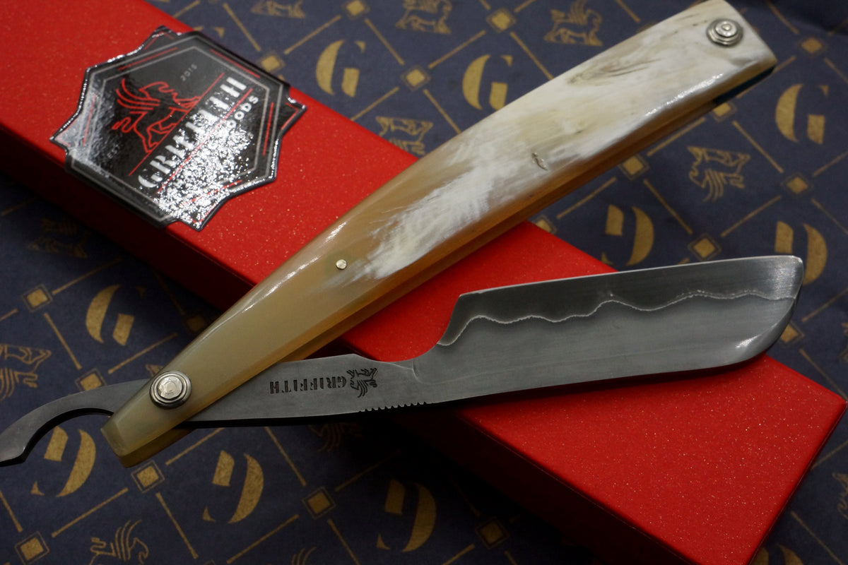 Griffith 15/16 Blue Steel & Stainless San Mai Quarter Hollow - Horn Scales Artisan Straight Razor