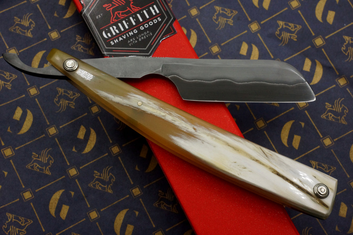 Griffith 15/16 Blue Steel & Stainless San Mai Quarter Hollow - Horn Scales Artisan Straight Razor