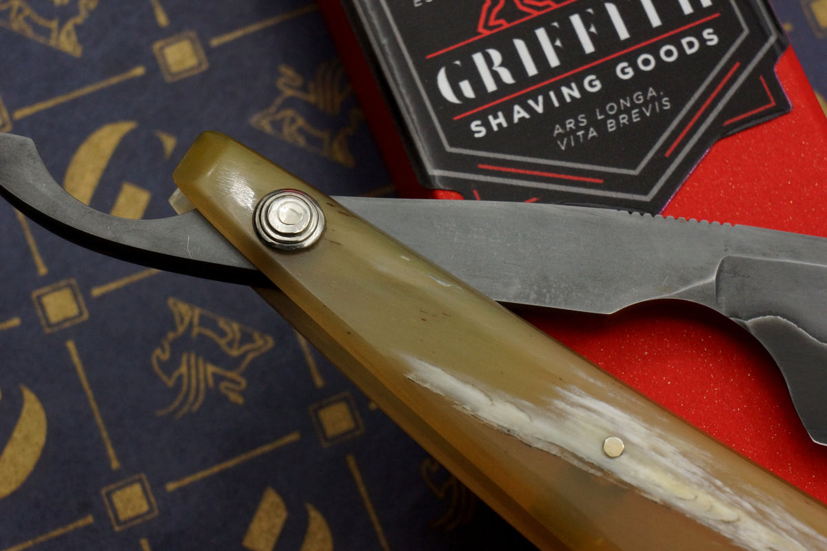 Griffith 15/16 Blue Steel & Stainless San Mai Quarter Hollow - Horn Scales Artisan Straight Razor