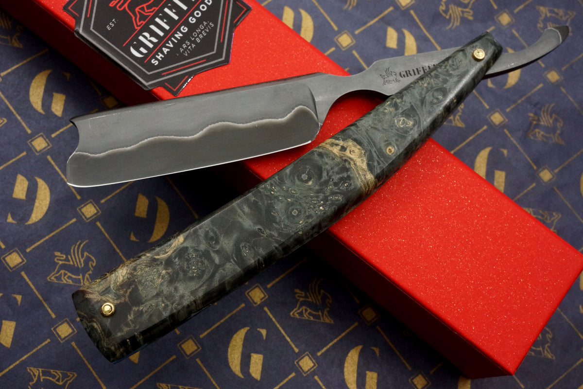 Griffith 7/8 Blue Steel & Stainless San Mai Quarter Hollow - Burl Scales Artisan Straight Razor