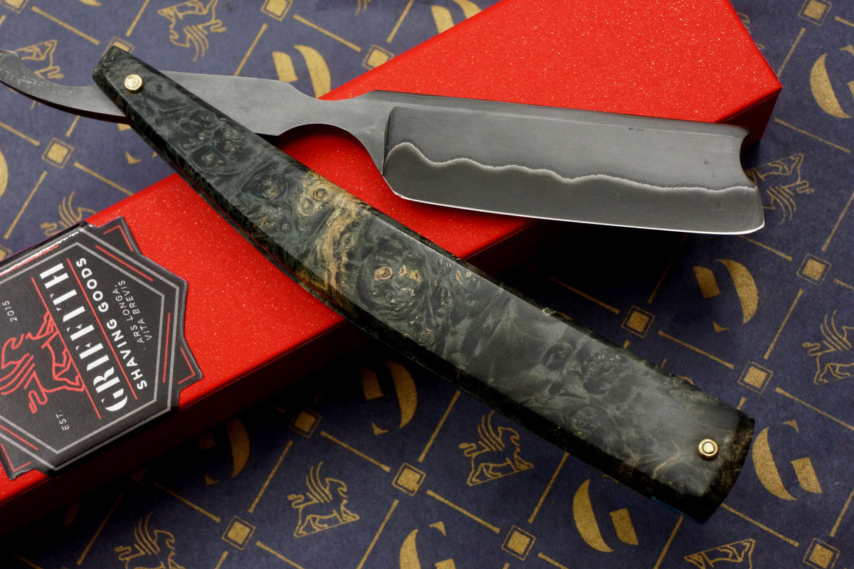 Griffith 7/8 Blue Steel & Stainless San Mai Quarter Hollow - Burl Scales Artisan Straight Razor