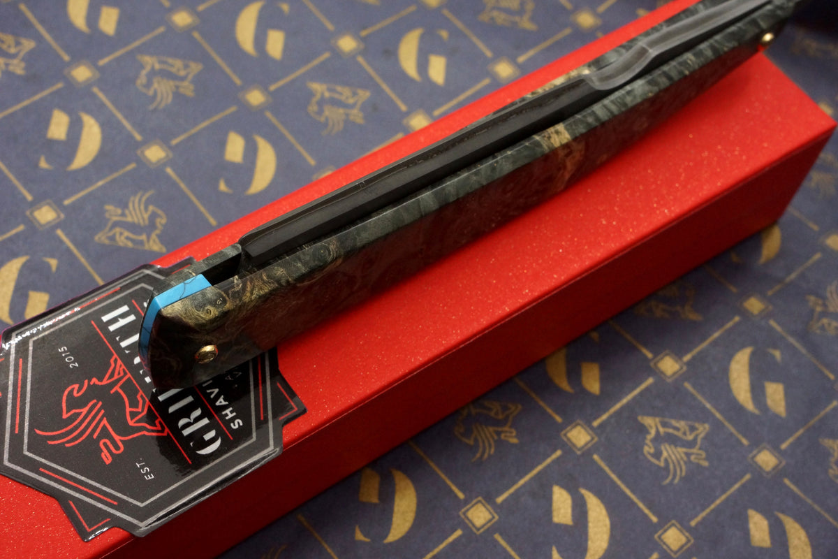 Griffith 7/8 Blue Steel & Stainless San Mai Quarter Hollow - Burl Scales Artisan Straight Razor