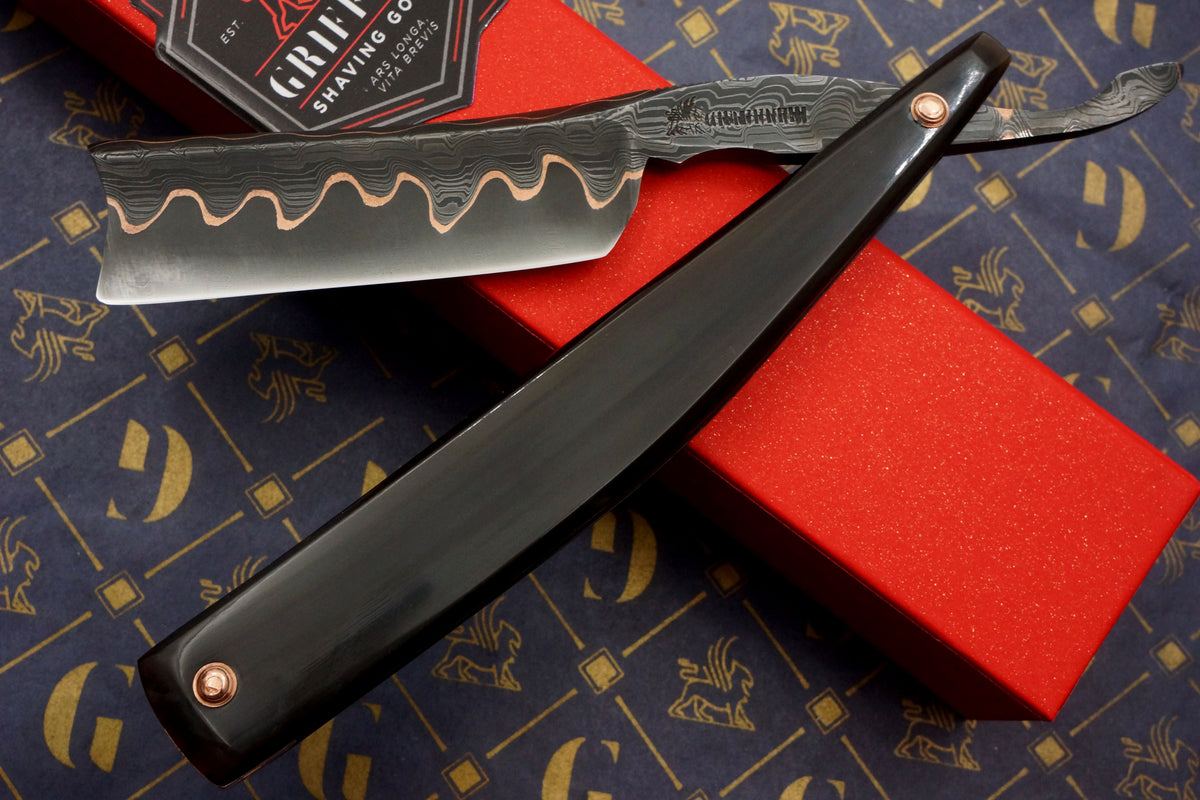 Griffith 8/8 Copper & Damascus San Mai Quarter Hollow - Horn Scales Artisan Straight Razor