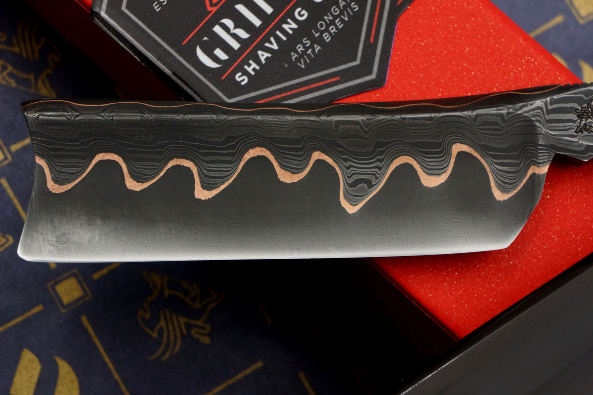 Griffith 8/8 Copper & Damascus San Mai Quarter Hollow - Horn Scales Artisan Straight Razor
