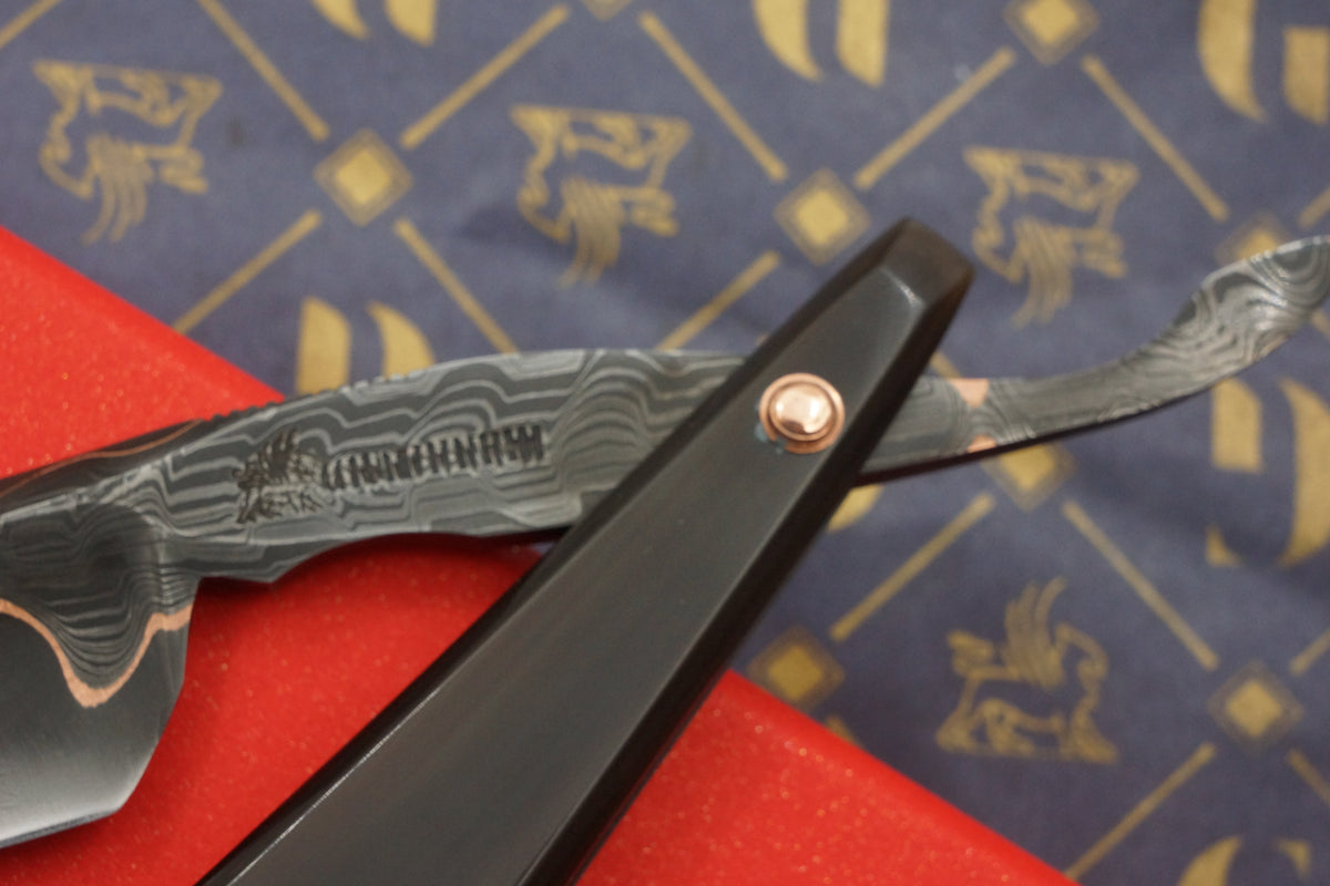 Griffith 8/8 Copper & Damascus San Mai Quarter Hollow - Horn Scales Artisan Straight Razor