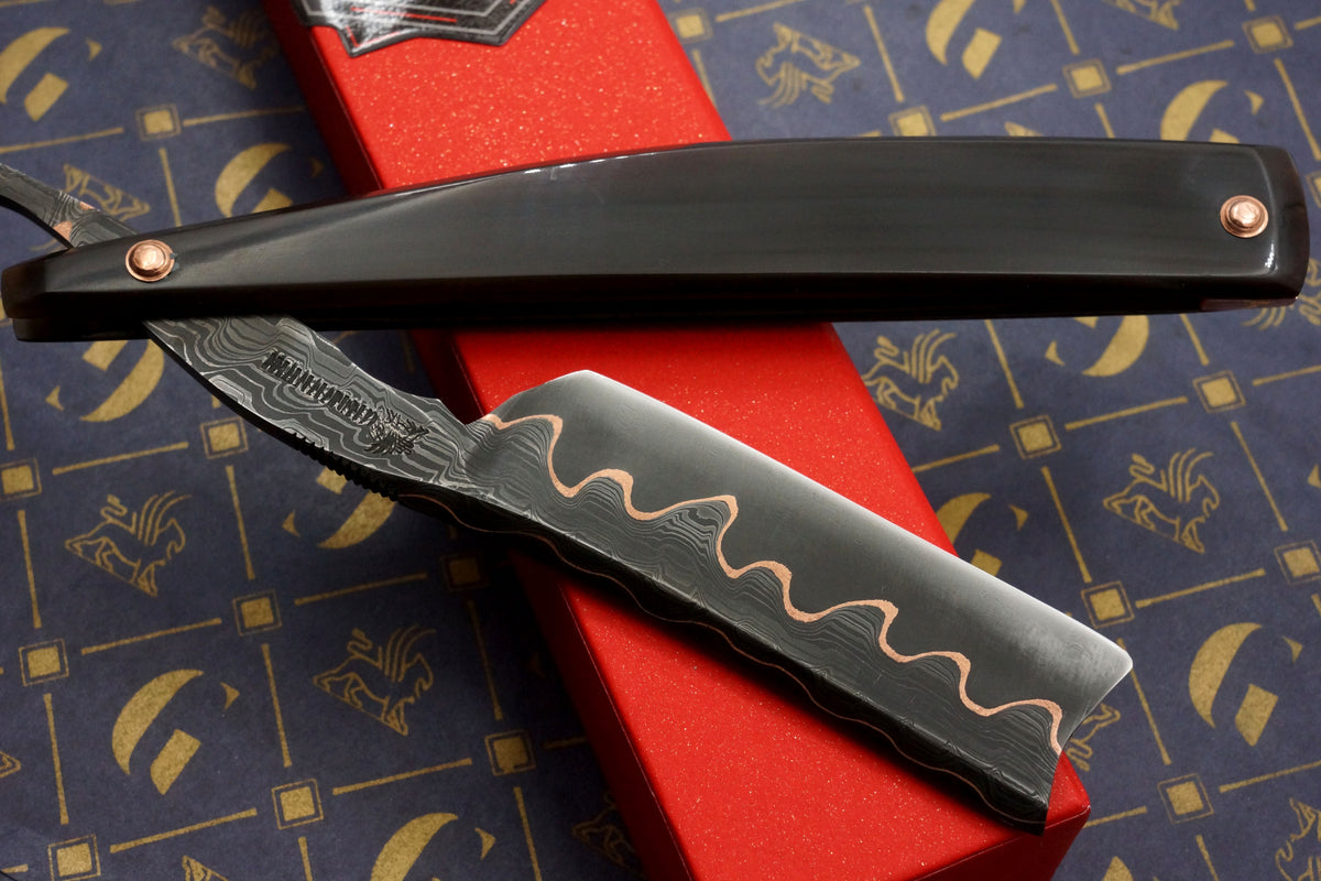 Griffith 8/8 Copper & Damascus San Mai Quarter Hollow - Horn Scales Artisan Straight Razor