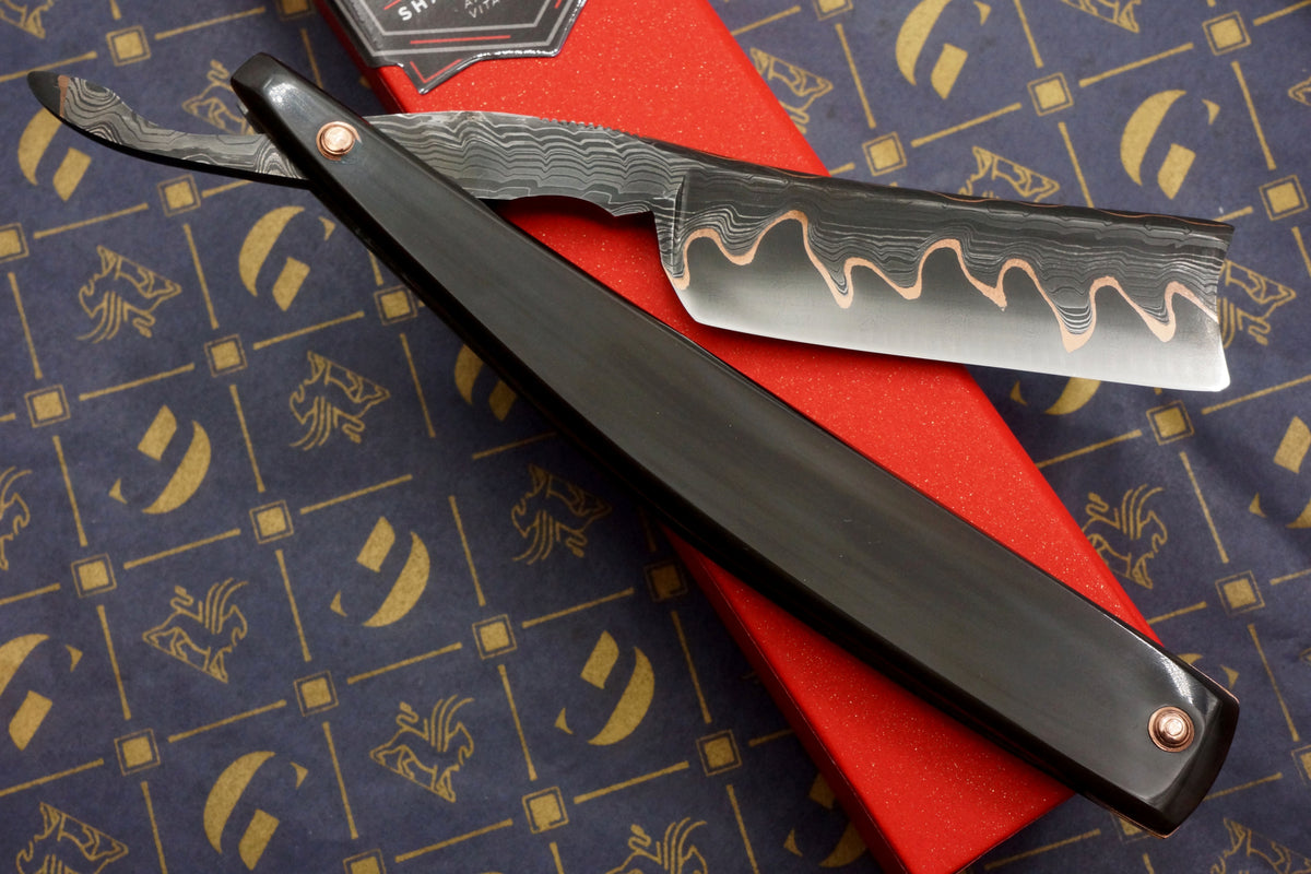 Griffith 8/8 Copper & Damascus San Mai Quarter Hollow - Horn Scales Artisan Straight Razor