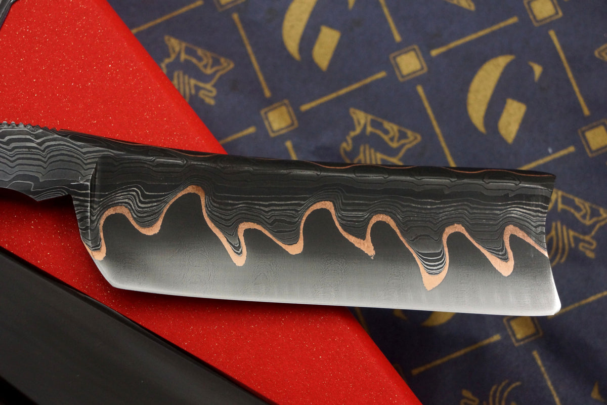 Griffith 8/8 Copper & Damascus San Mai Quarter Hollow - Horn Scales Artisan Straight Razor