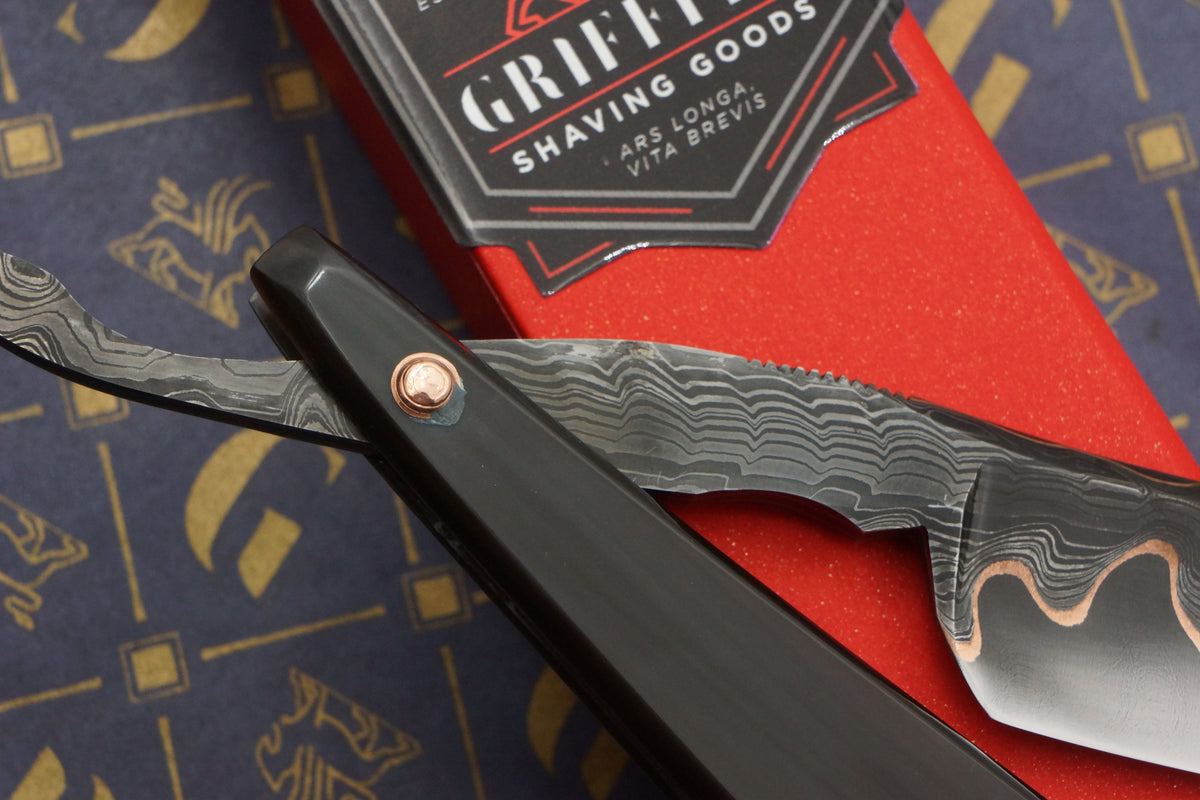 Griffith 8/8 Copper & Damascus San Mai Quarter Hollow - Horn Scales Artisan Straight Razor