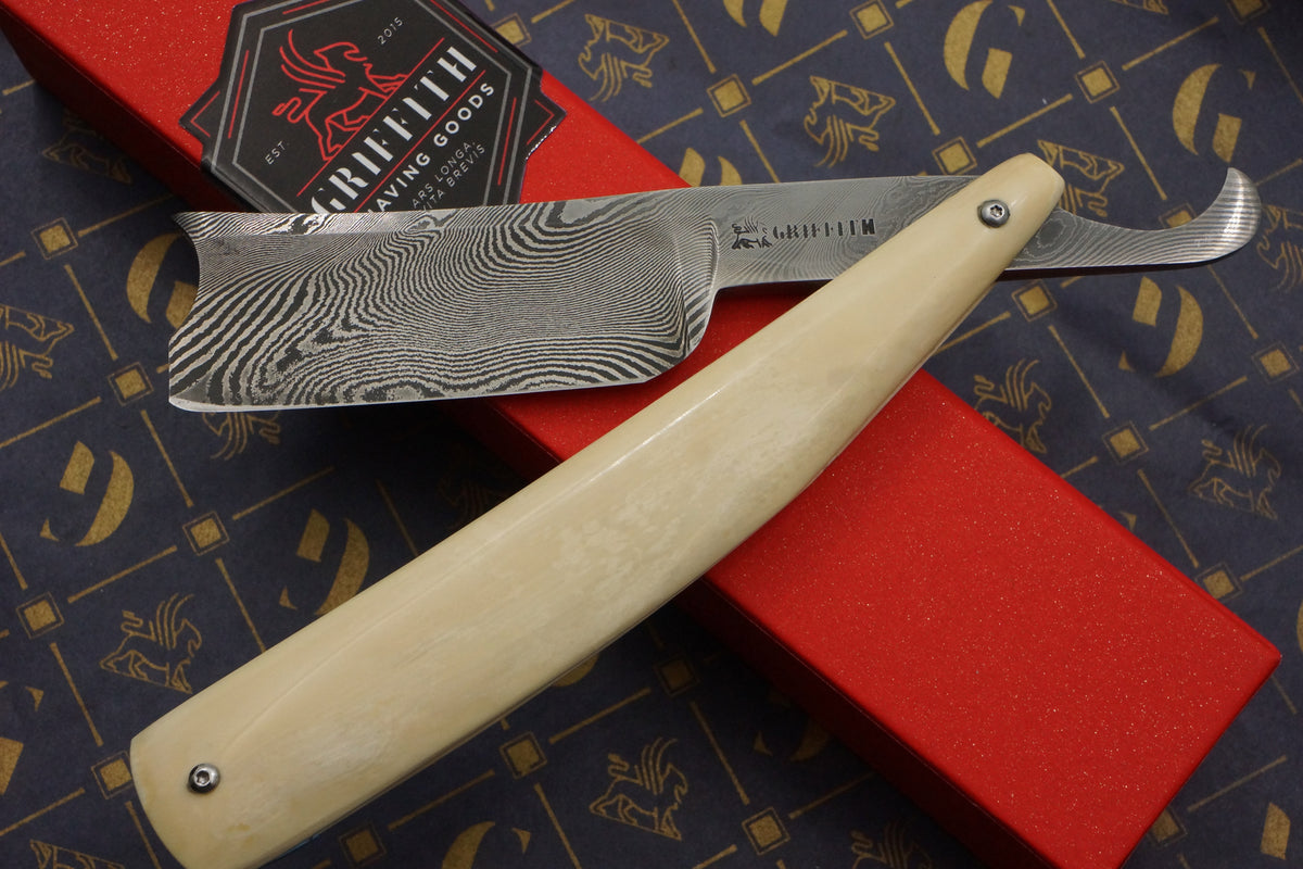 Griffith 19/16 Damascus Quarter Hollow - Mammoth Ivory Scales Artisan Straight Razor