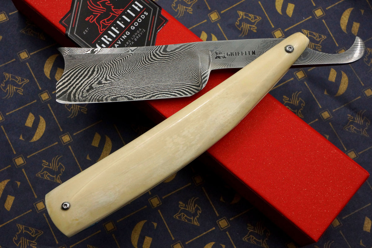 Griffith 19/16 Damascus Quarter Hollow - Mammoth Ivory Scales Artisan Straight Razor