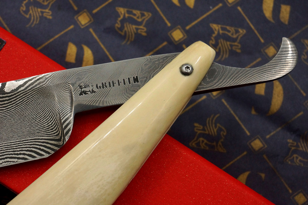 Griffith 19/16 Damascus Quarter Hollow - Mammoth Ivory Scales Artisan Straight Razor