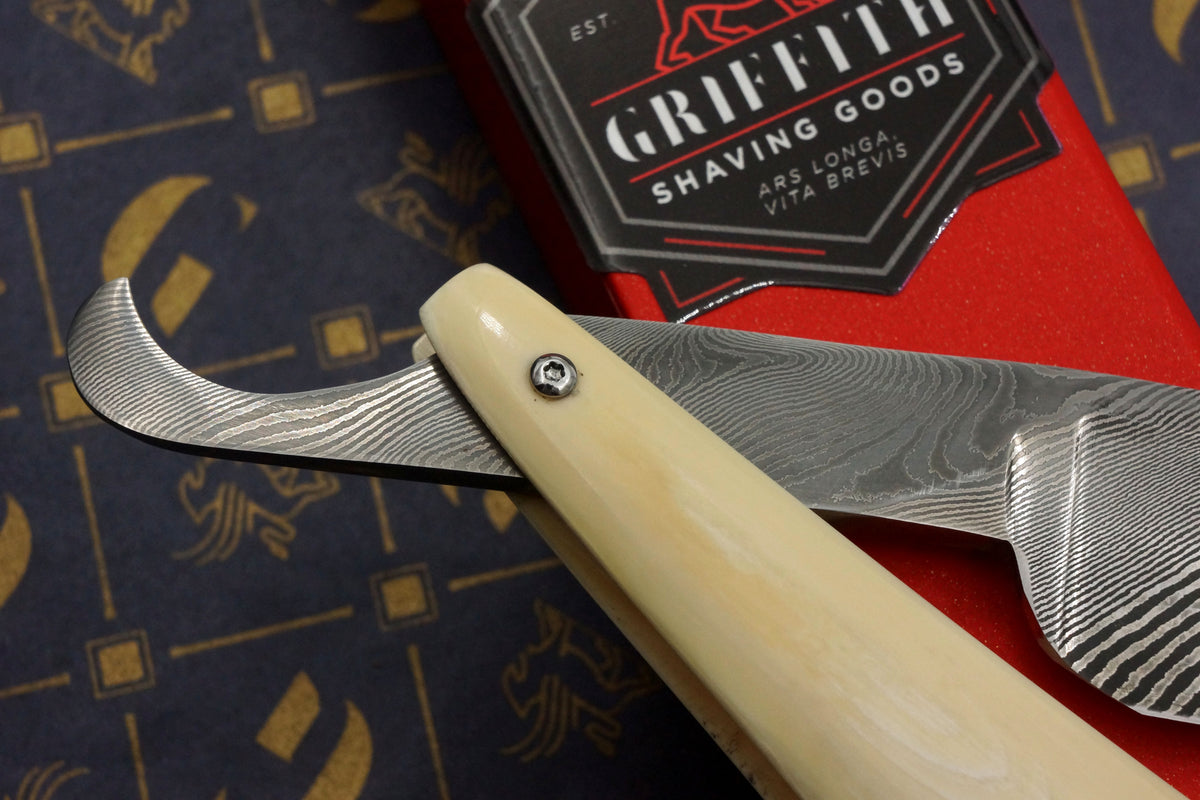 Griffith 19/16 Damascus Quarter Hollow - Mammoth Ivory Scales Artisan Straight Razor