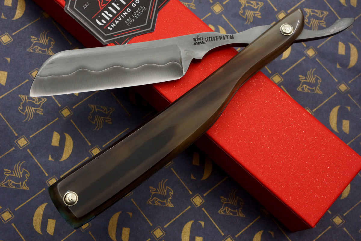 Griffith 7/8 Blue Steel & Stainless San Mai Quarter Hollow - Horn Scales Artisan Straight Razor