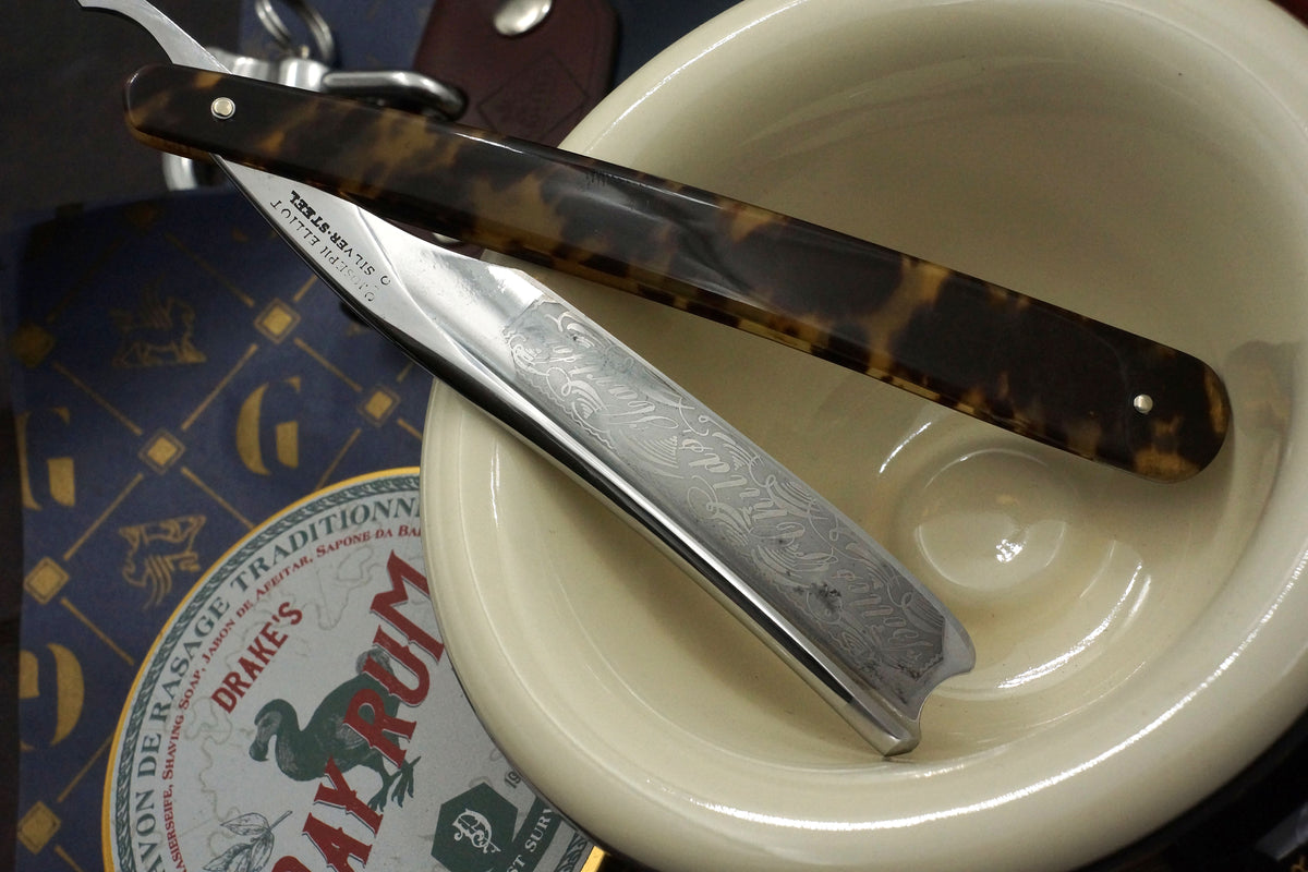 Joseph Elliot - Rare Private Label Etch Tortoiseshell Scaled Early 1800s - 6/8 Restored Sheffield Straight Razor - Shave Ready