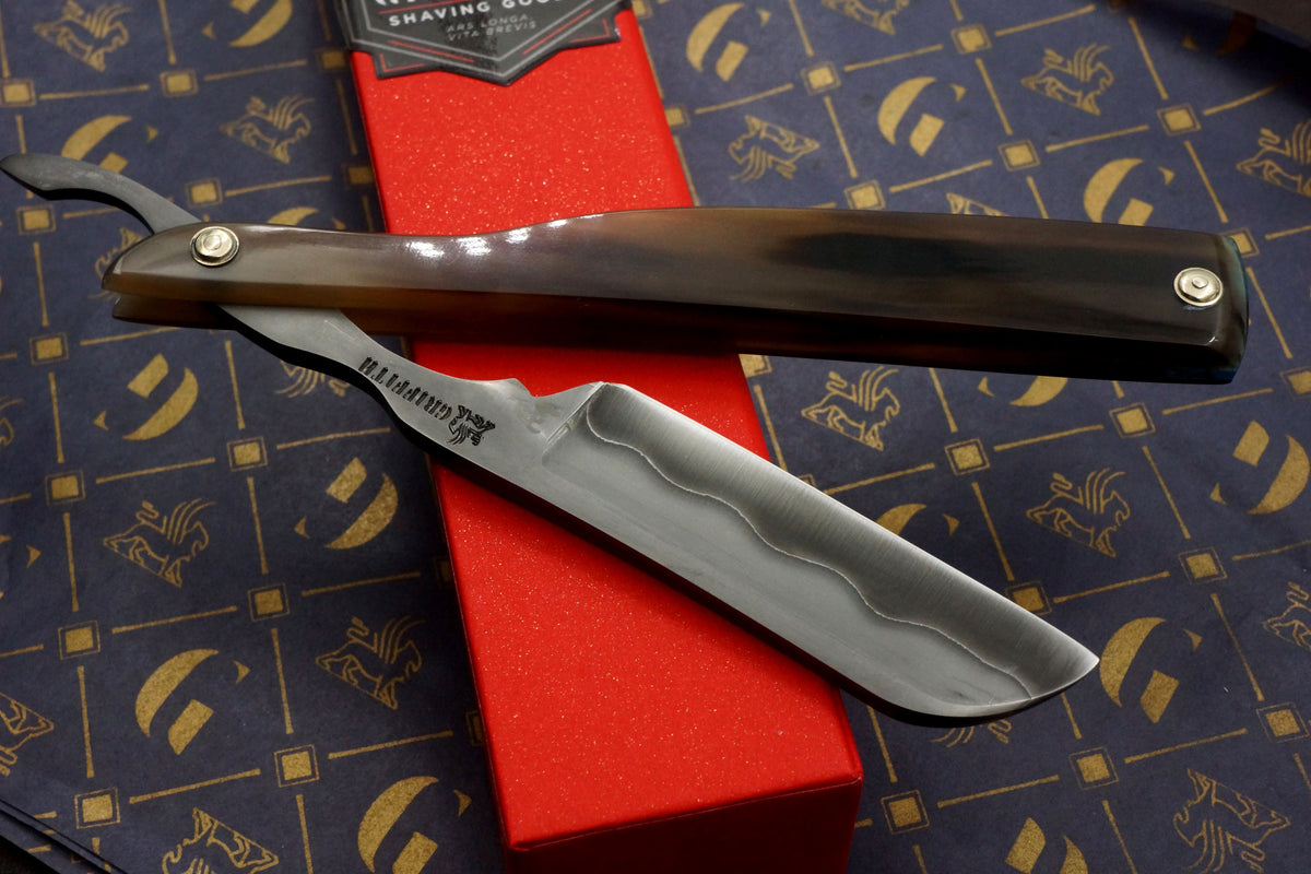 Griffith 7/8 Blue Steel & Stainless San Mai Quarter Hollow - Horn Scales Artisan Straight Razor