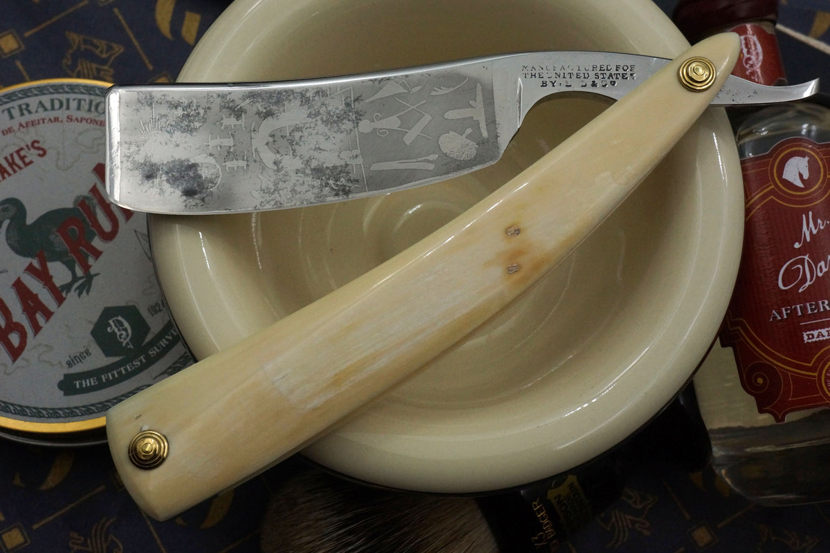 Edward Leon Rare & Large 9/8 Etched Blade with Mamoth Ivory Scales Sheffield Straight Razor - Shave Ready