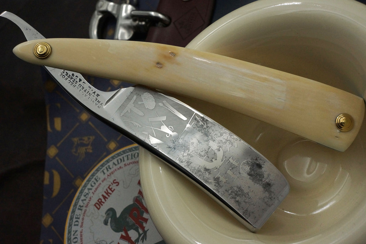 Edward Leon Rare & Large 9/8 Etched Blade with Mamoth Ivory Scales Sheffield Straight Razor - Shave Ready