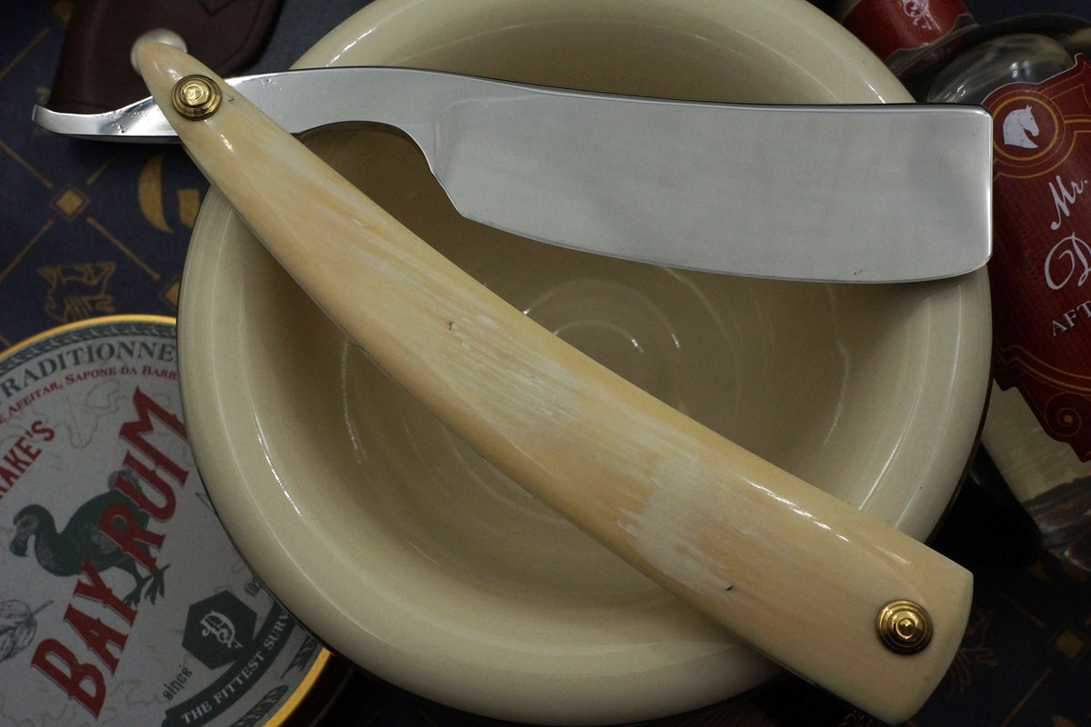 Edward Leon Rare & Large 9/8 Etched Blade with Mamoth Ivory Scales Sheffield Straight Razor - Shave Ready