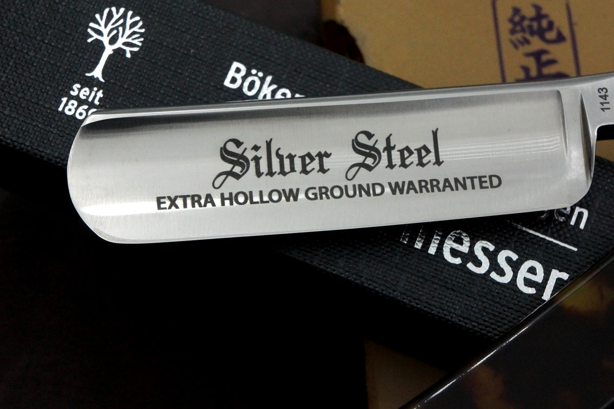 Rasoir droit Boker « Silver Steel » 6/8 à lame creuse avec écailles en wengé - Rasoir droit Solingen d'occasion - Prêt à raser