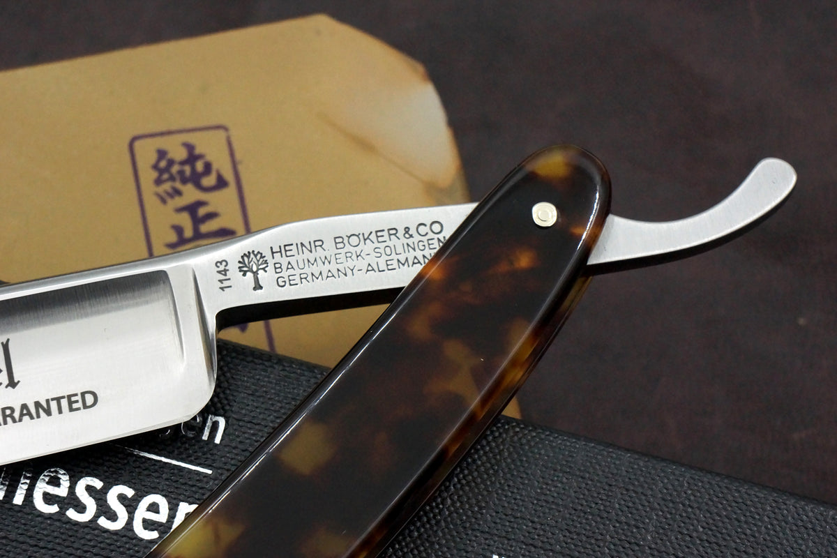 Rasoir droit Boker « Silver Steel » 6/8 à lame creuse avec écailles en wengé - Rasoir droit Solingen d'occasion - Prêt à raser