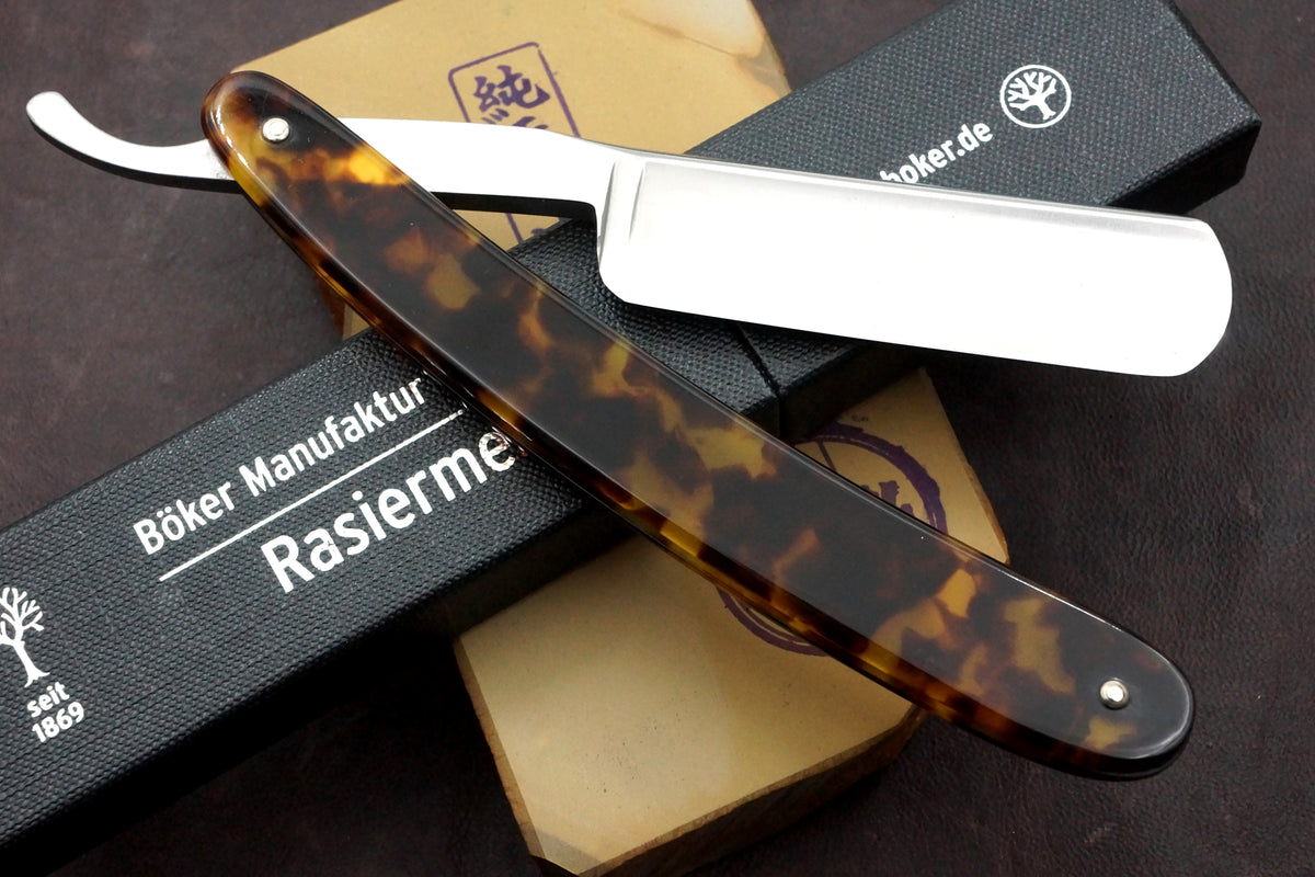 Rasoir droit Boker « Silver Steel » 6/8 à lame creuse avec écailles en wengé - Rasoir droit Solingen d'occasion - Prêt à raser