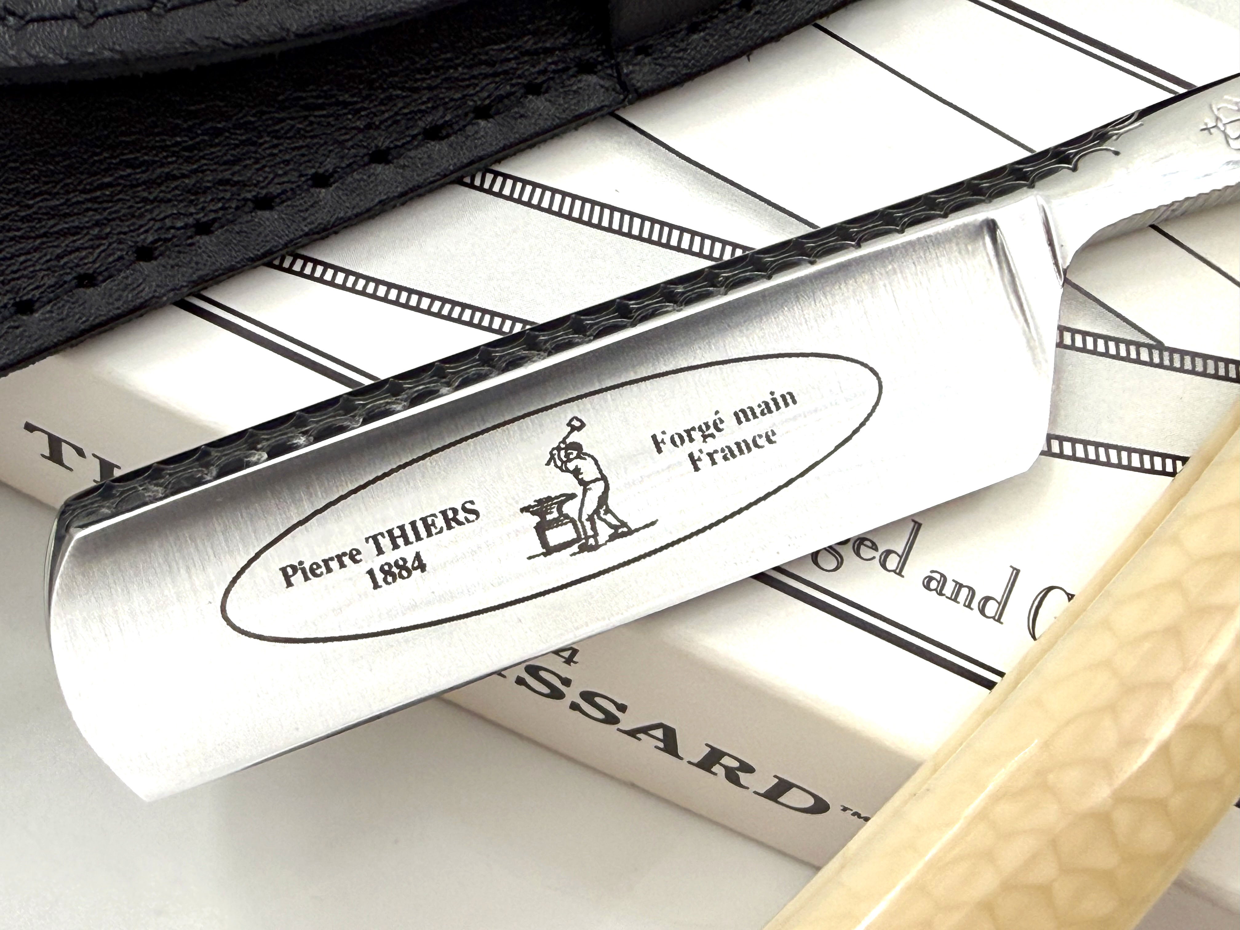 Thiers Issard 6/8 "Smart Razor" Engraved Spine & Etched Blade Juma Scales - Full Hollow Straight Razor
