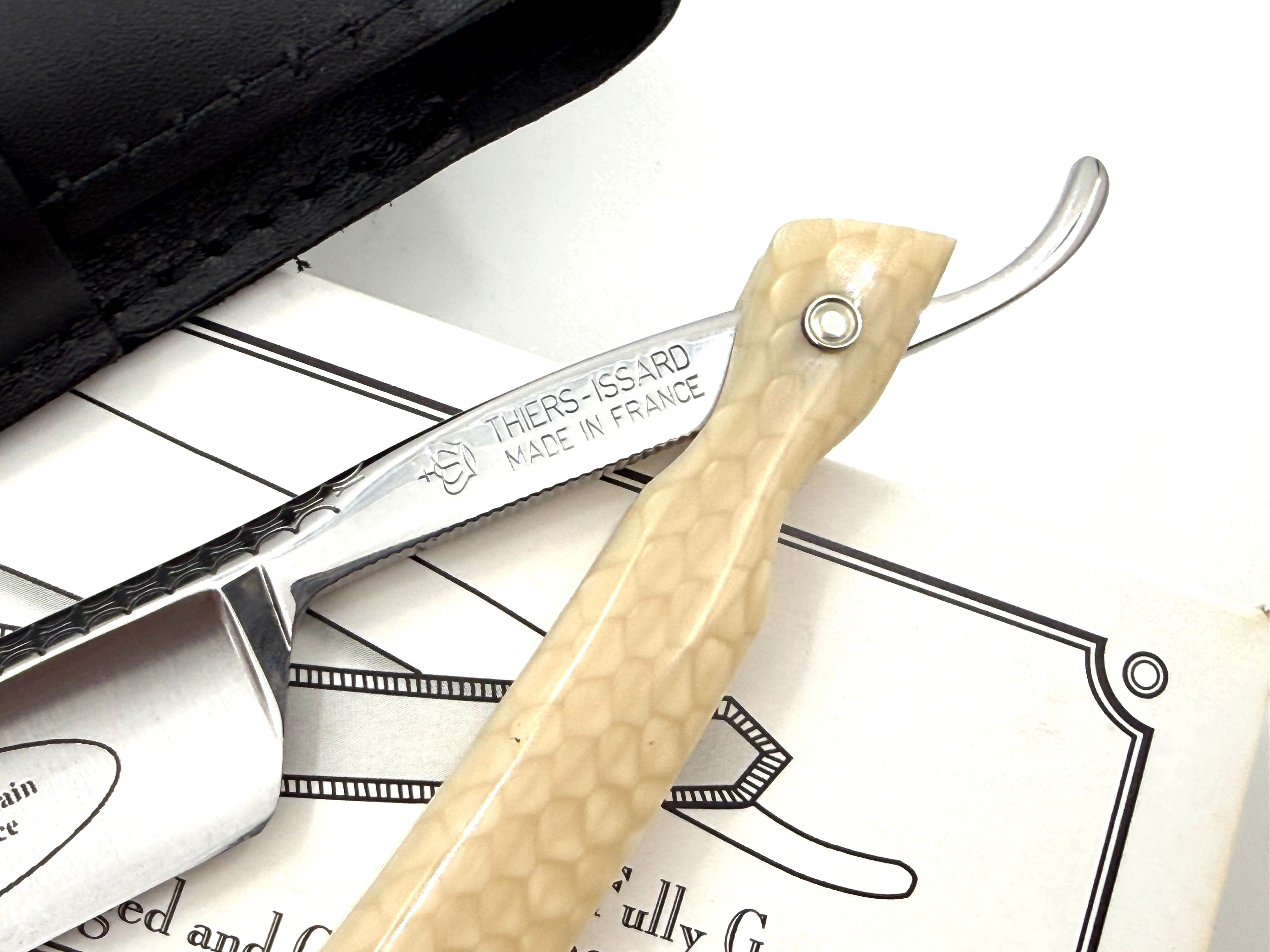 Thiers Issard 6/8 "Smart Razor" Engraved Spine & Etched Blade Juma Scales - Full Hollow Straight Razor