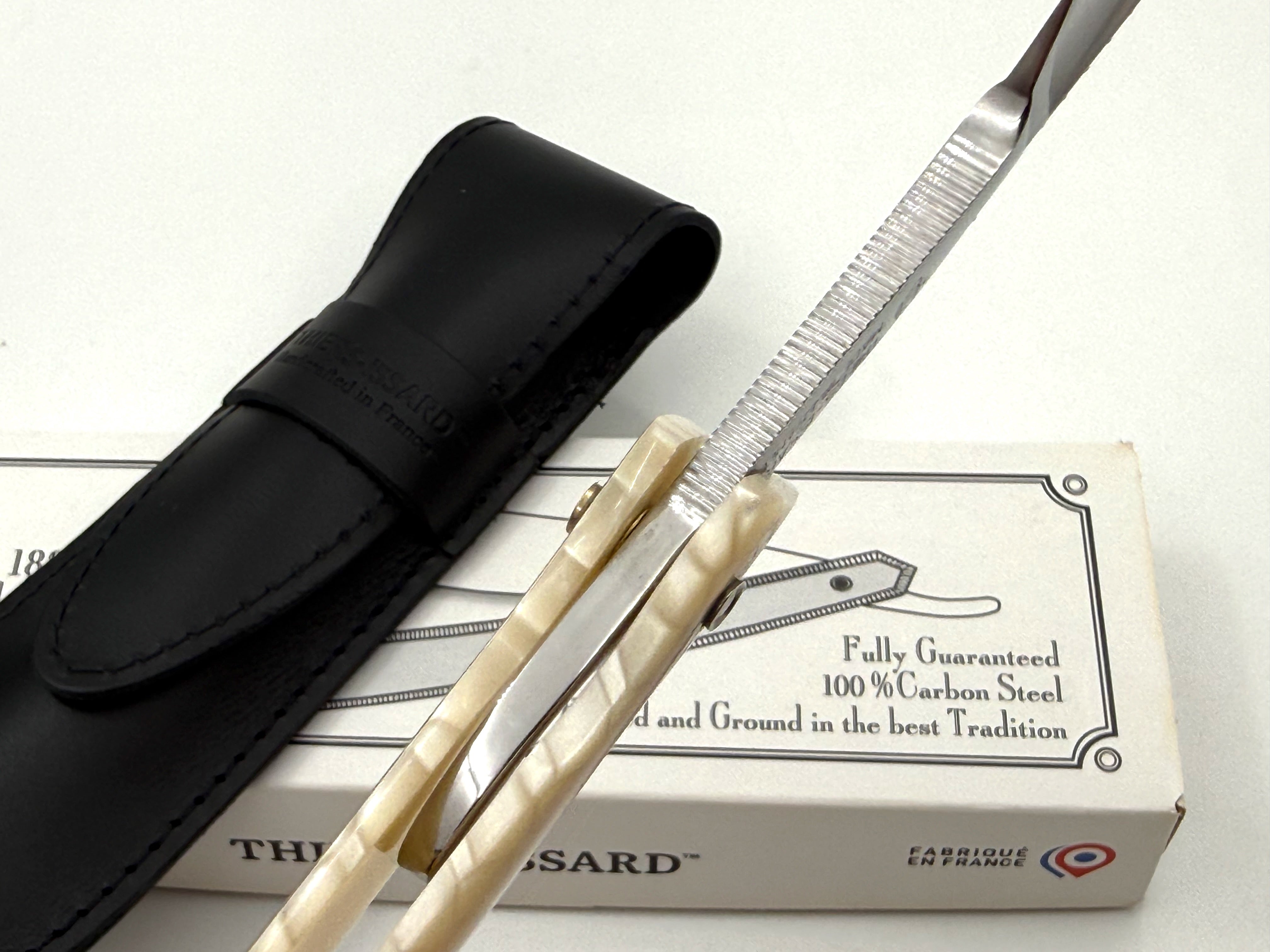 Thiers Issard 6/8 "Smart Razor" Engraved Spine & Etched Blade Juma Scales - Full Hollow Straight Razor