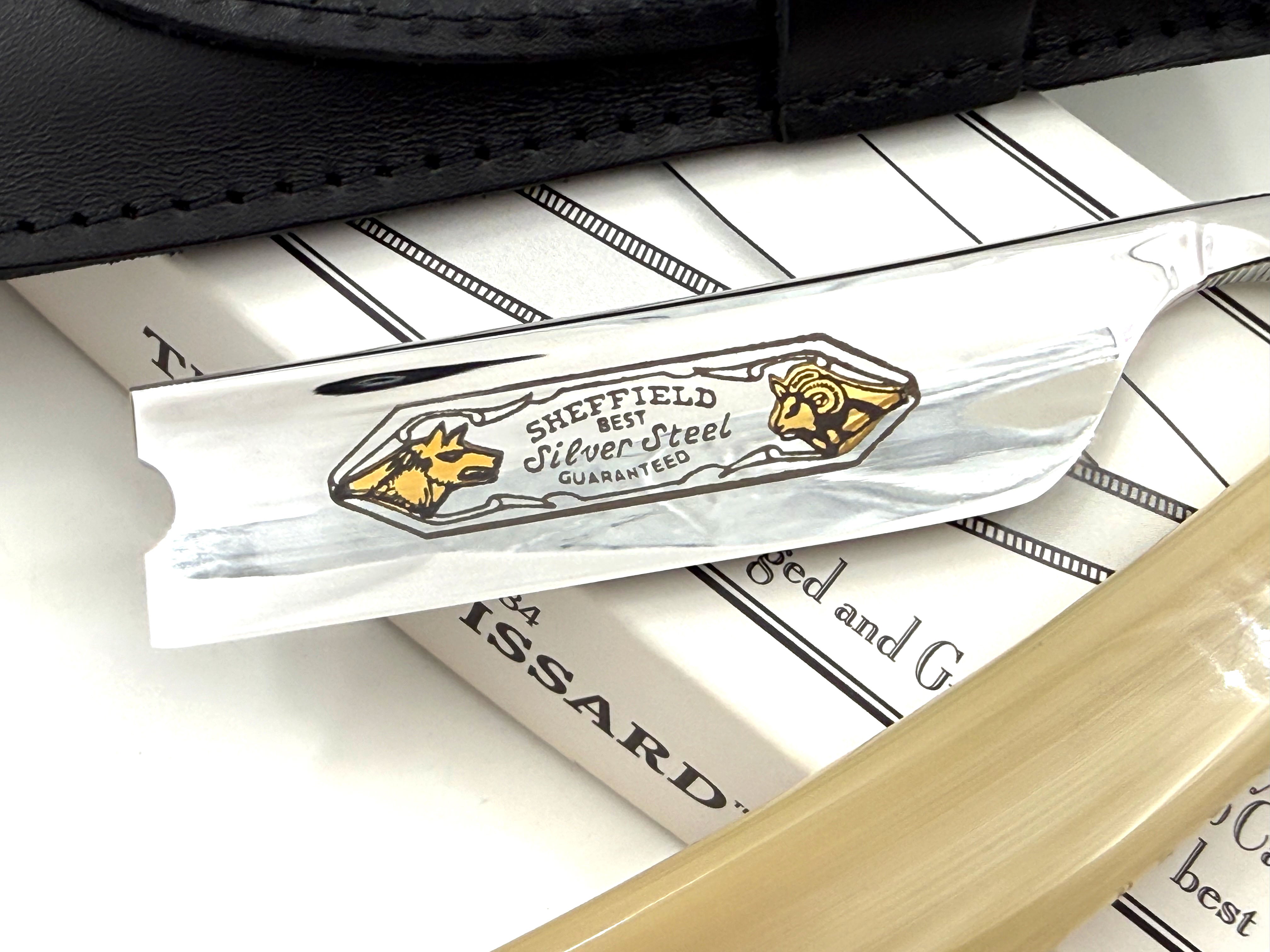 Thiers Issard 7/8 Square Tip with Sheep and Wolf Etch - Blonde Horn Scales - Full Hollow Straight Razor
