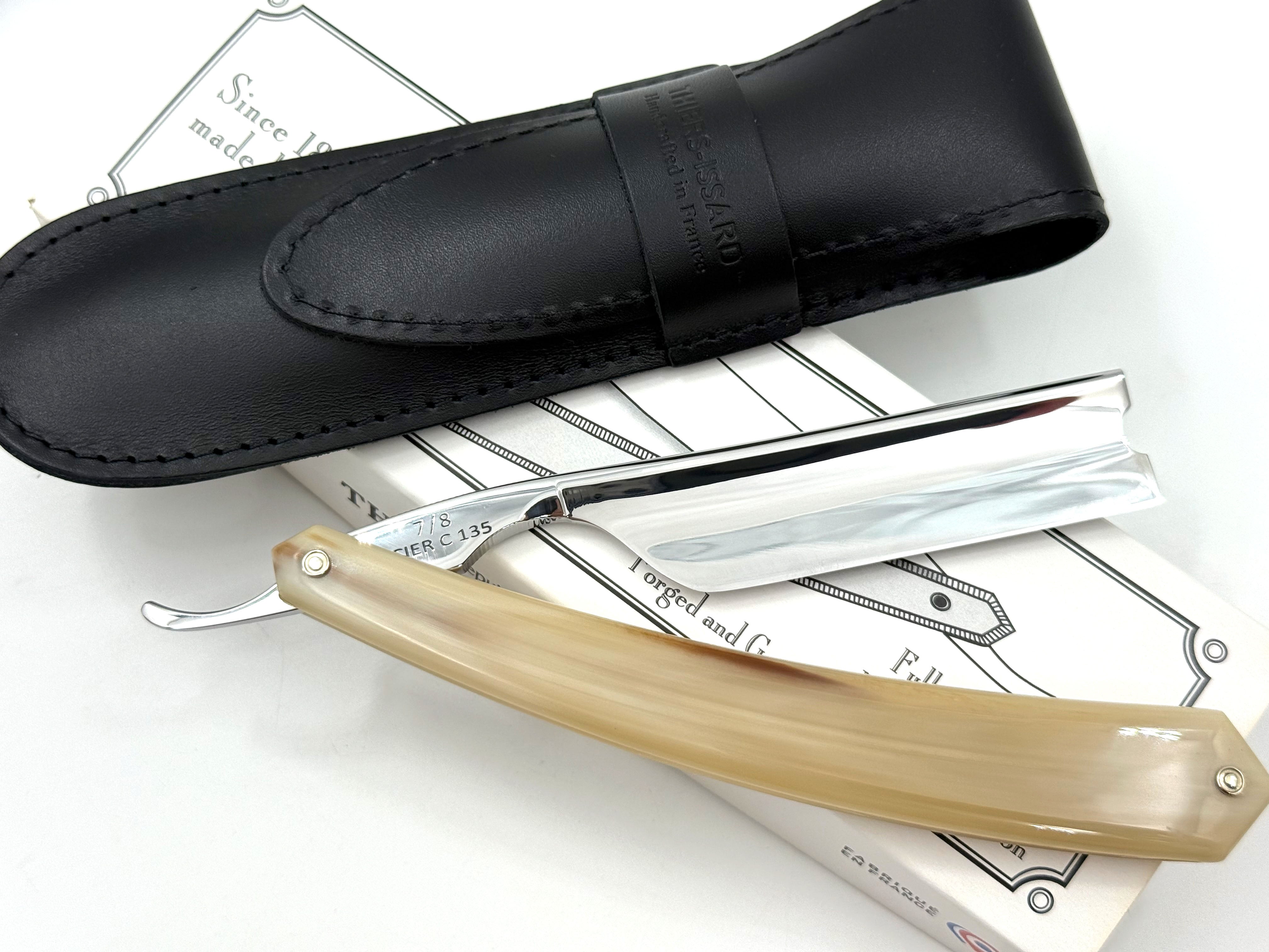 Thiers Issard 7/8 Square Tip with Sheep and Wolf Etch - Blonde Horn Scales - Full Hollow Straight Razor