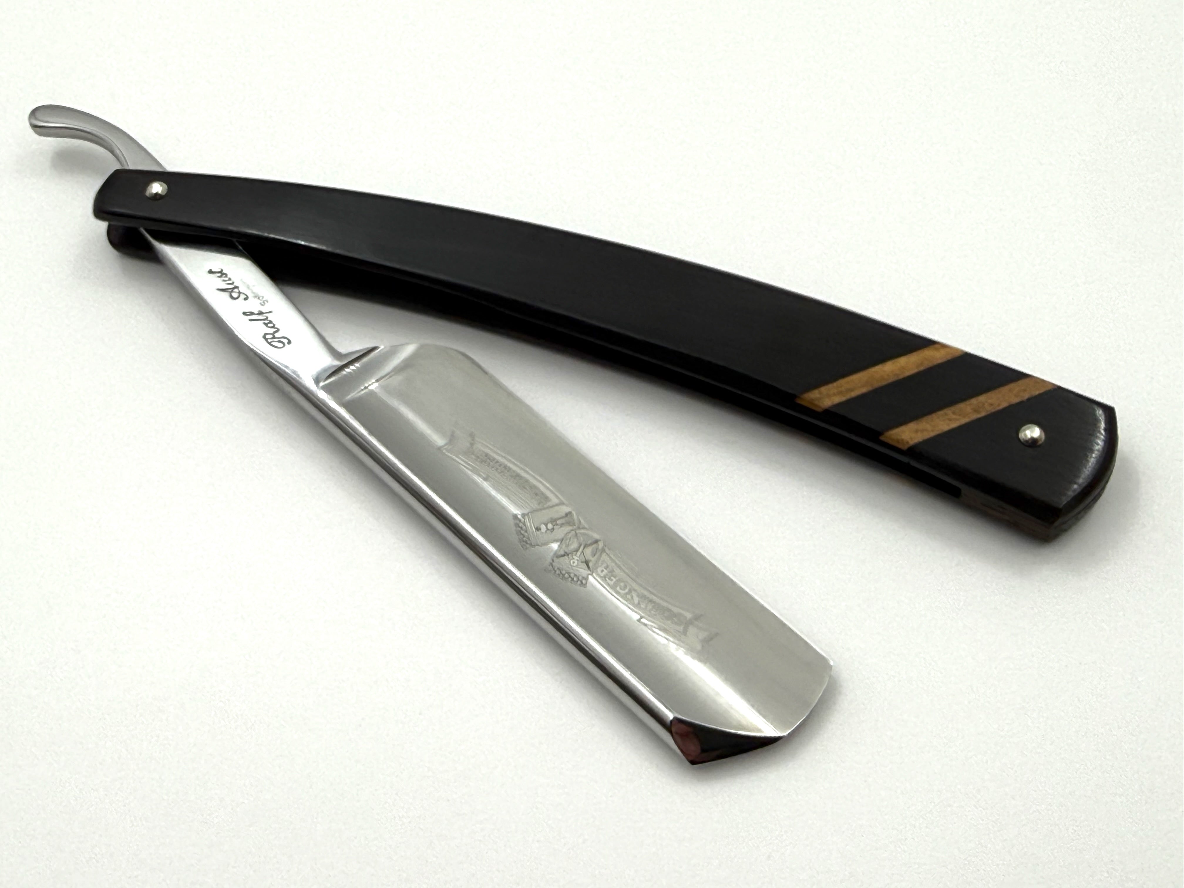 Ralf Aust 6/8 Blade with American Tip & Ebony Scales with Olive Inlay Full Hollow Solingen Straight Razor