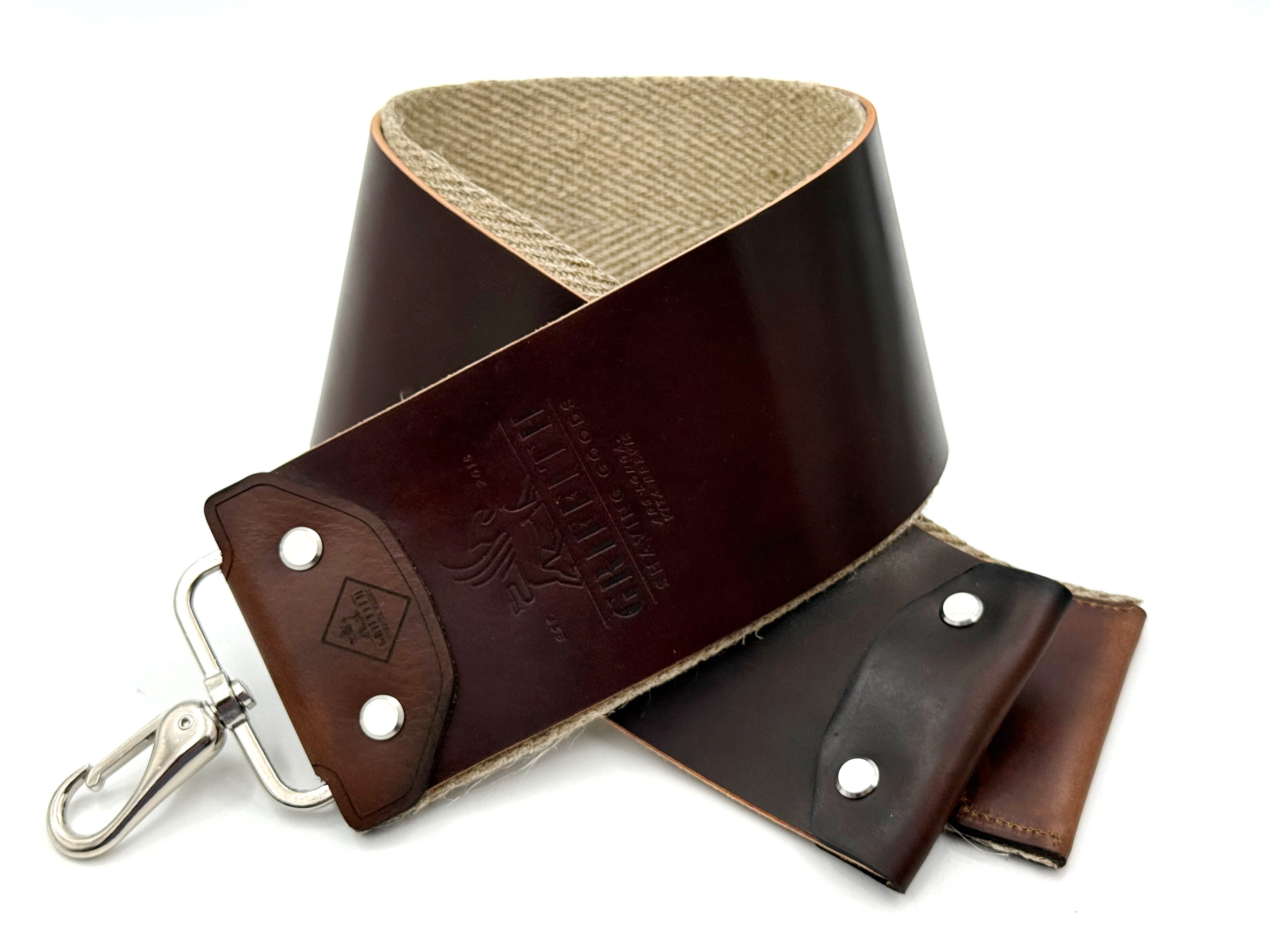 Griffith Shaving Goods Shell Cordovan & Flax Linen - 3 Inch Wide Barber Style Razor Strop