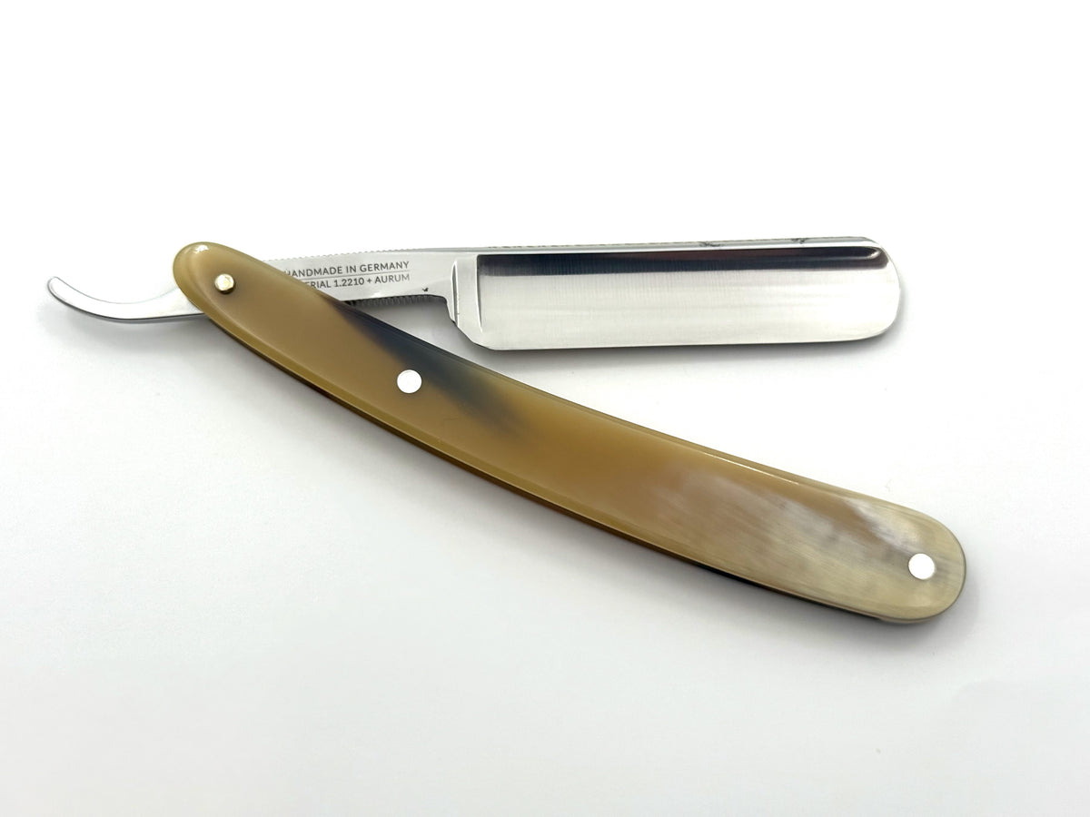 GSG Renewed Dovo "Prima" Horn Handle 5/8 Etched, Engraved and Gold Washed Full Hollow Solingen Straight Razor