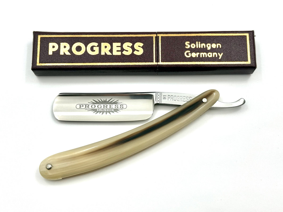 "Progress" - NOS 15/16 Full Hollow Blade - Blonde Horn Scales Vintage Solingen Straight Razor - Shave Ready