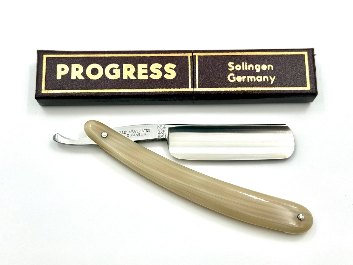 "Progress" - NOS 15/16 Full Hollow Blade - Blonde Horn Scales Vintage Solingen Straight Razor - Shave Ready