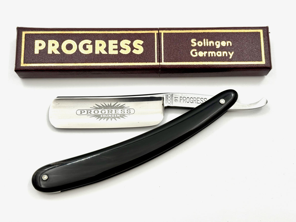 "Progress" - NOS 15/16 Full Hollow Blade - Black Horn Scales Vintage Solingen Straight Razor - Shave Ready (Copy)