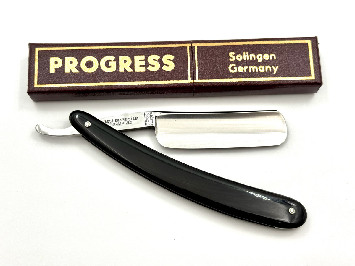"Progress" - NOS 15/16 Full Hollow Blade - Black Horn Scales Vintage Solingen Straight Razor - Shave Ready (Copy)