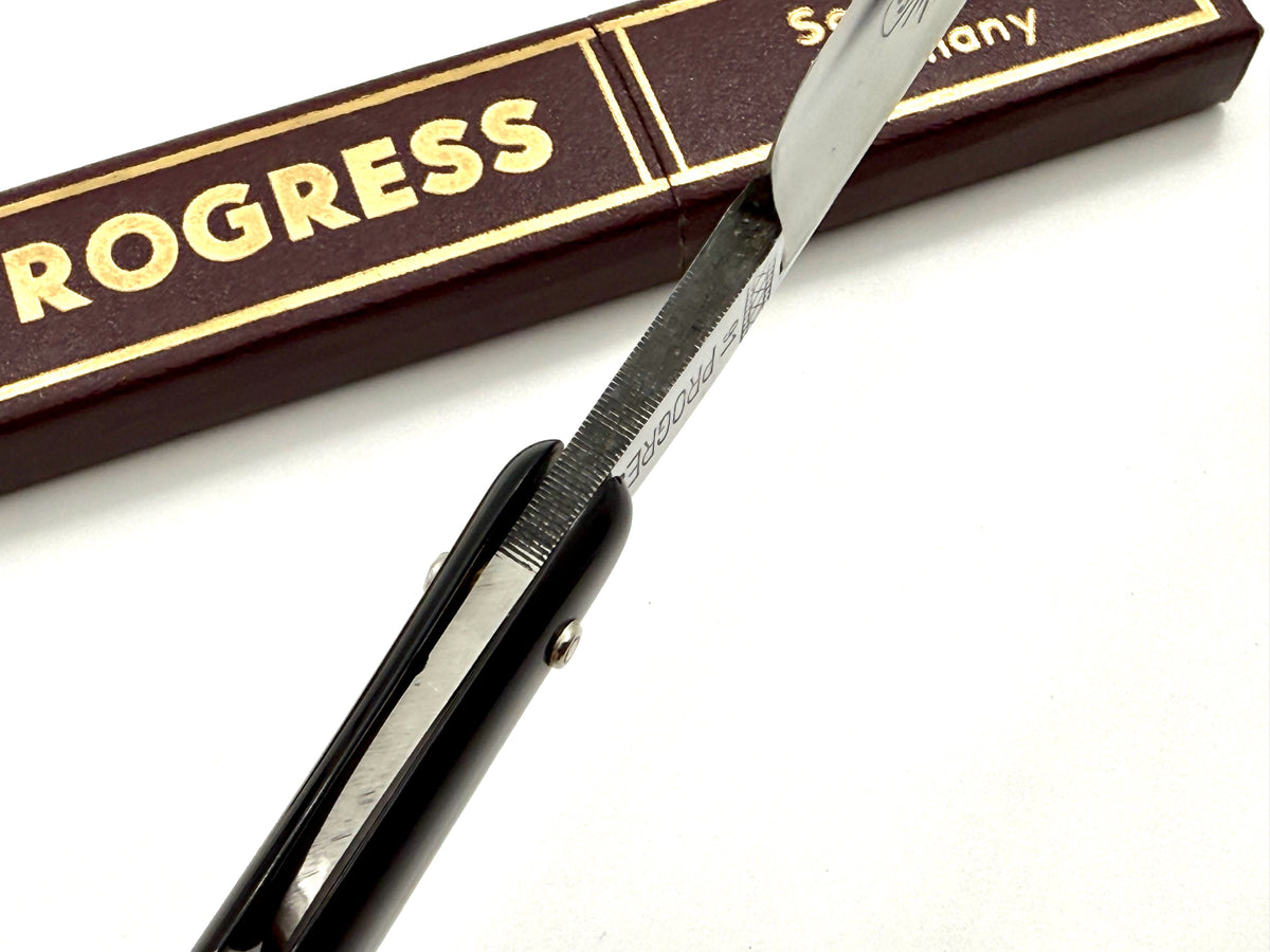 "Progress" - NOS 15/16 Full Hollow Blade - Black Horn Scales Vintage Solingen Straight Razor - Shave Ready (Copy)