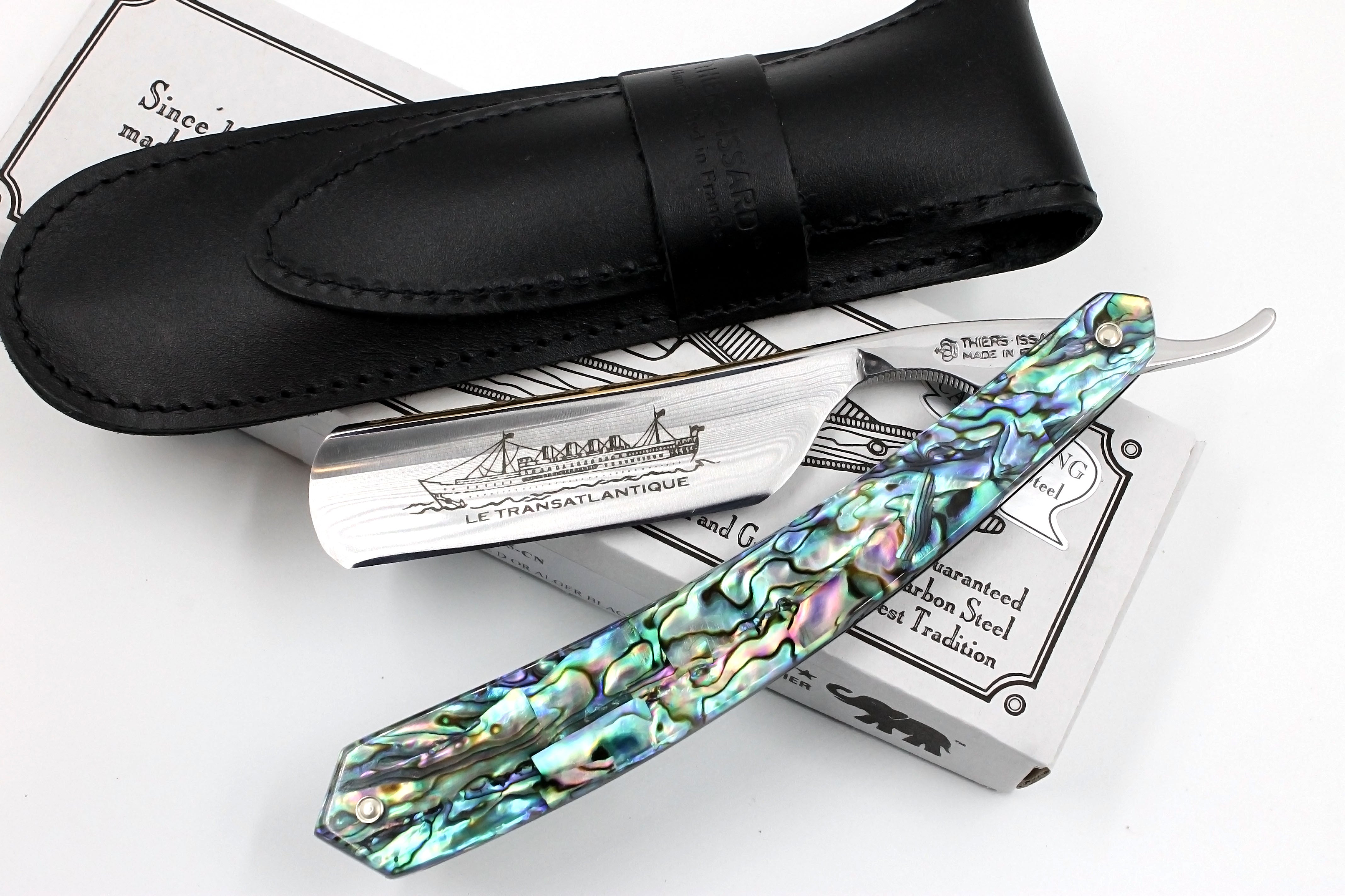 Thiers Issard 7/8 "Le Transatlantique" Gold Etch - Engraved Gold Spine Abalone Scales - Full Hollow Straight Razor