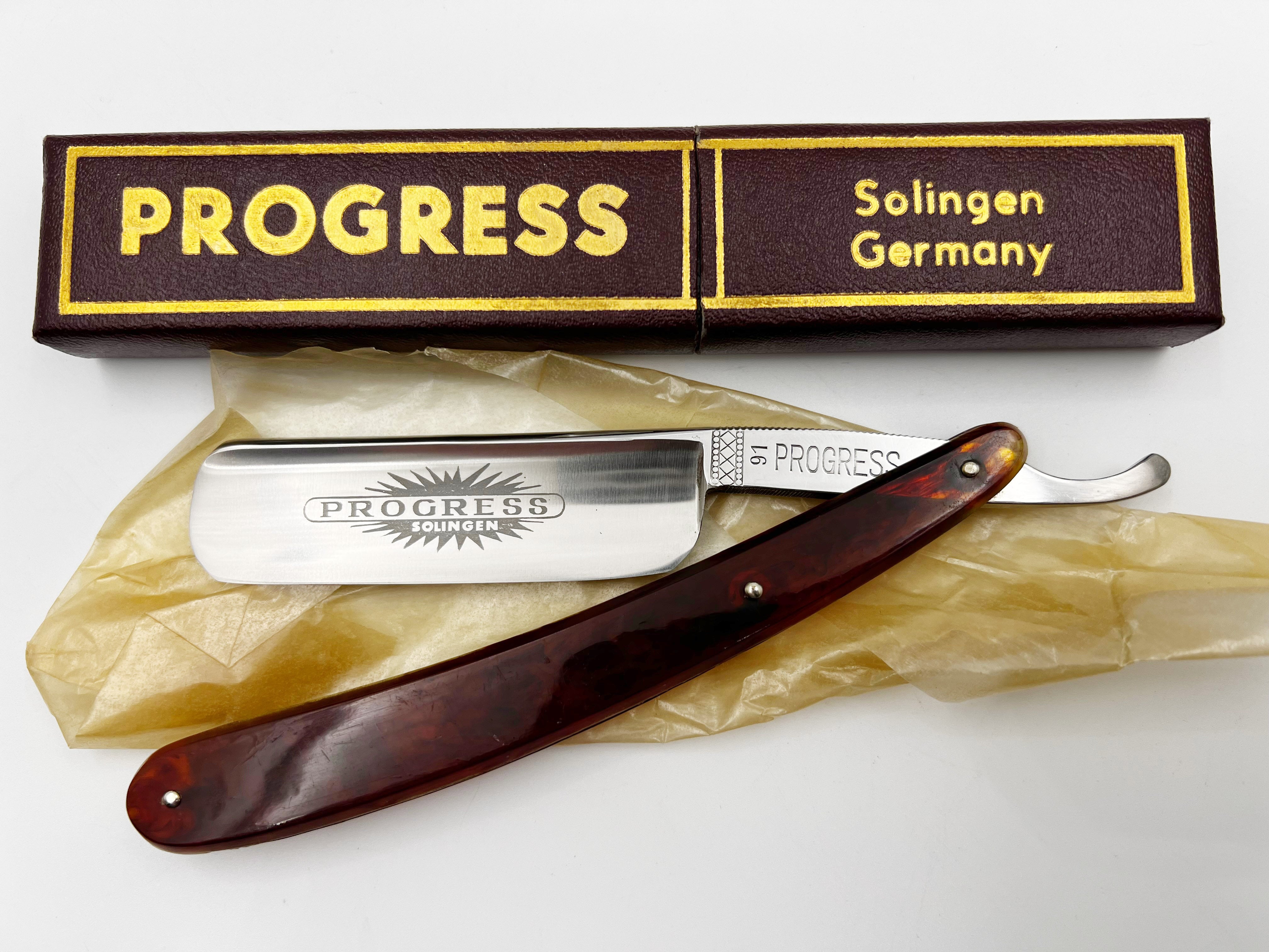 "Progress" 28 - RARE NOS 7/8 Full Hollow Vintage Straight Razor - Marbled Orange Scales