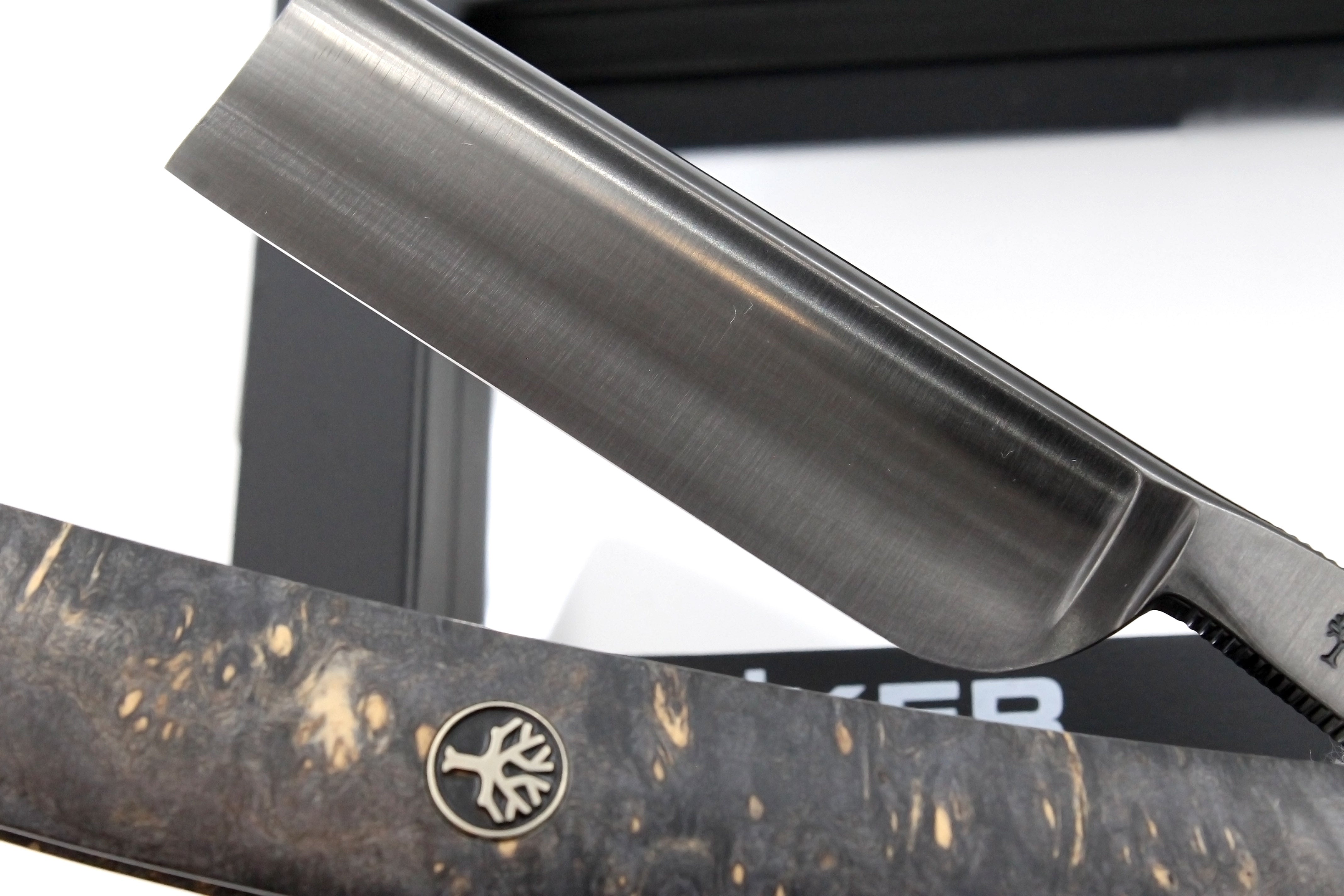 Boker Black Amboina 6/8 Blade with Burl Wood Scales Full Hollow Solingen Straight Razor