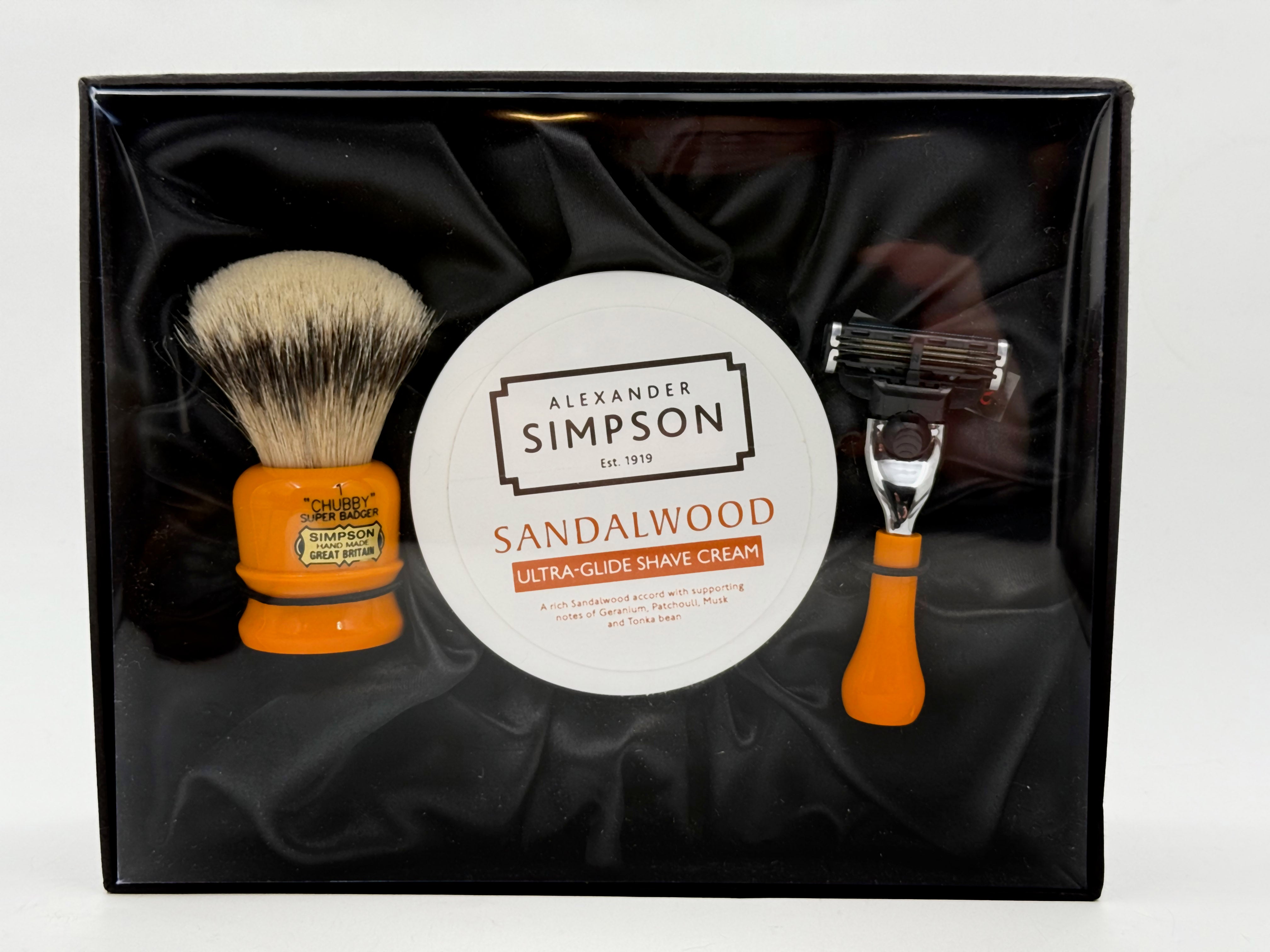 Limited Edition Simpson Shaving Set - Chubby1 Super Badger Brush, Sandalwood Cream & Razor - Butterscotch