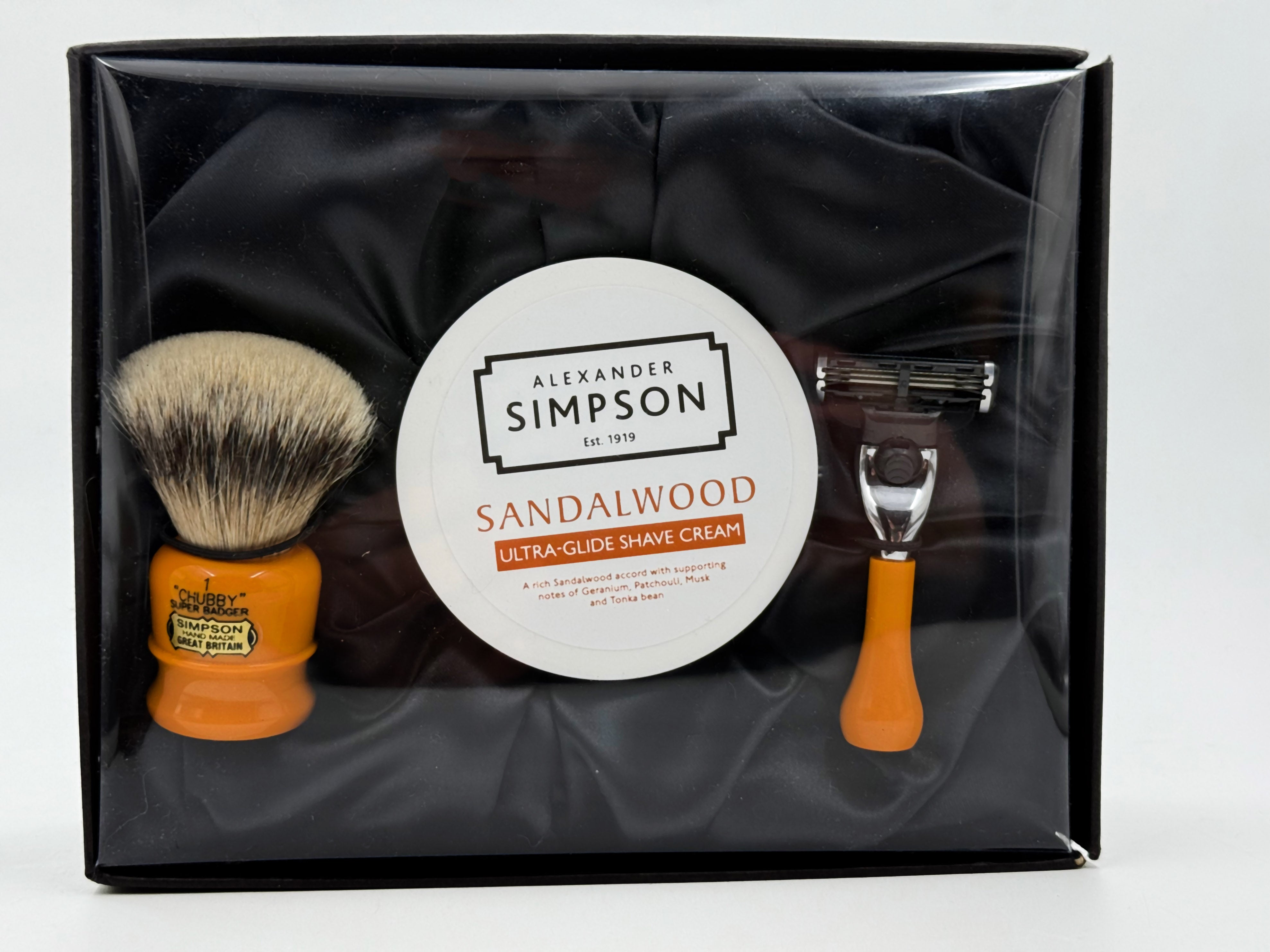 Limited Edition Simpson Shaving Set - Chubby1 Super Badger Brush, Sandalwood Cream & Razor - Butterscotch