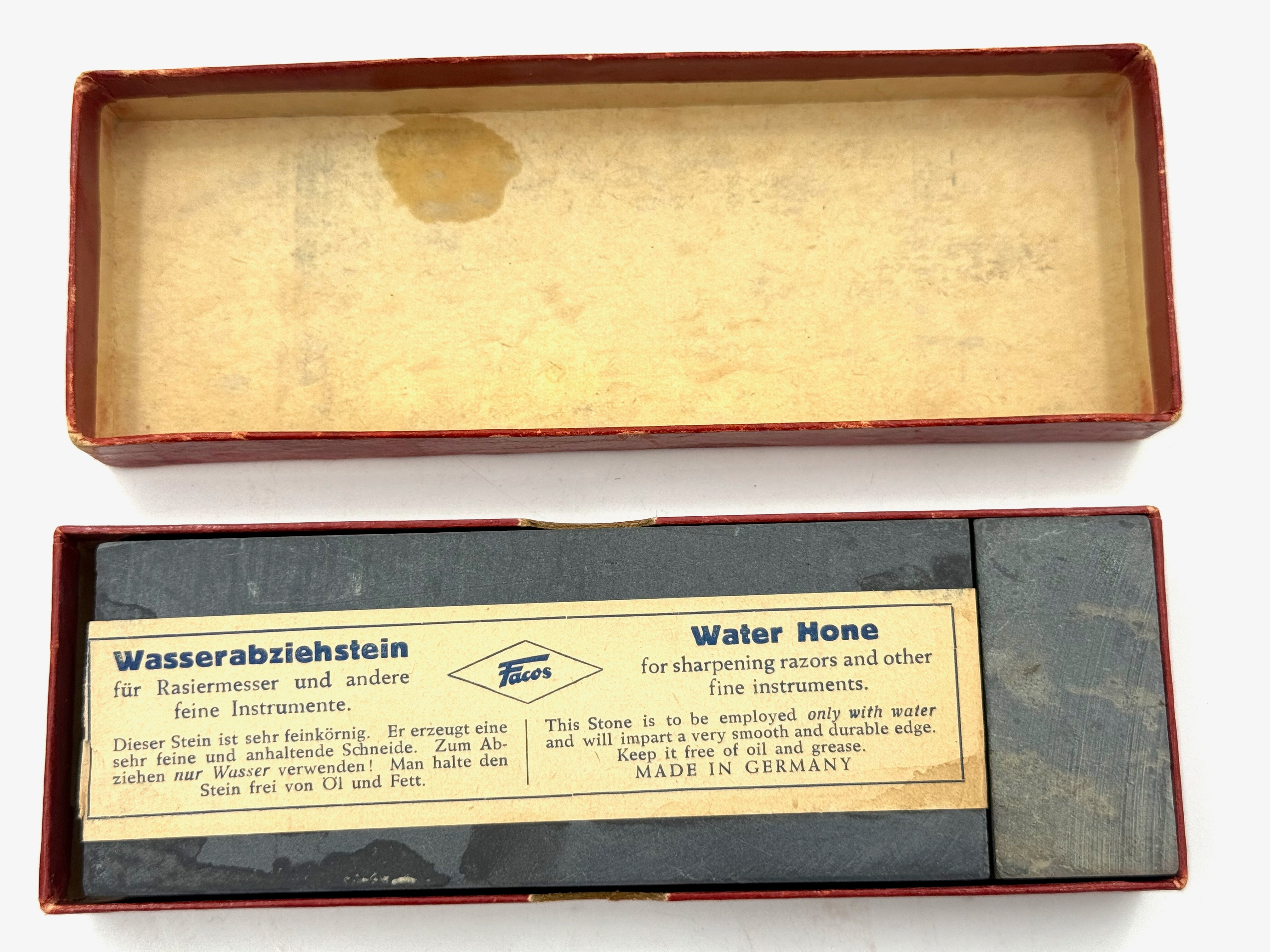 Facos Water Razor Hone - Vintage Boxed Blue Thuringian Water Razor Hone