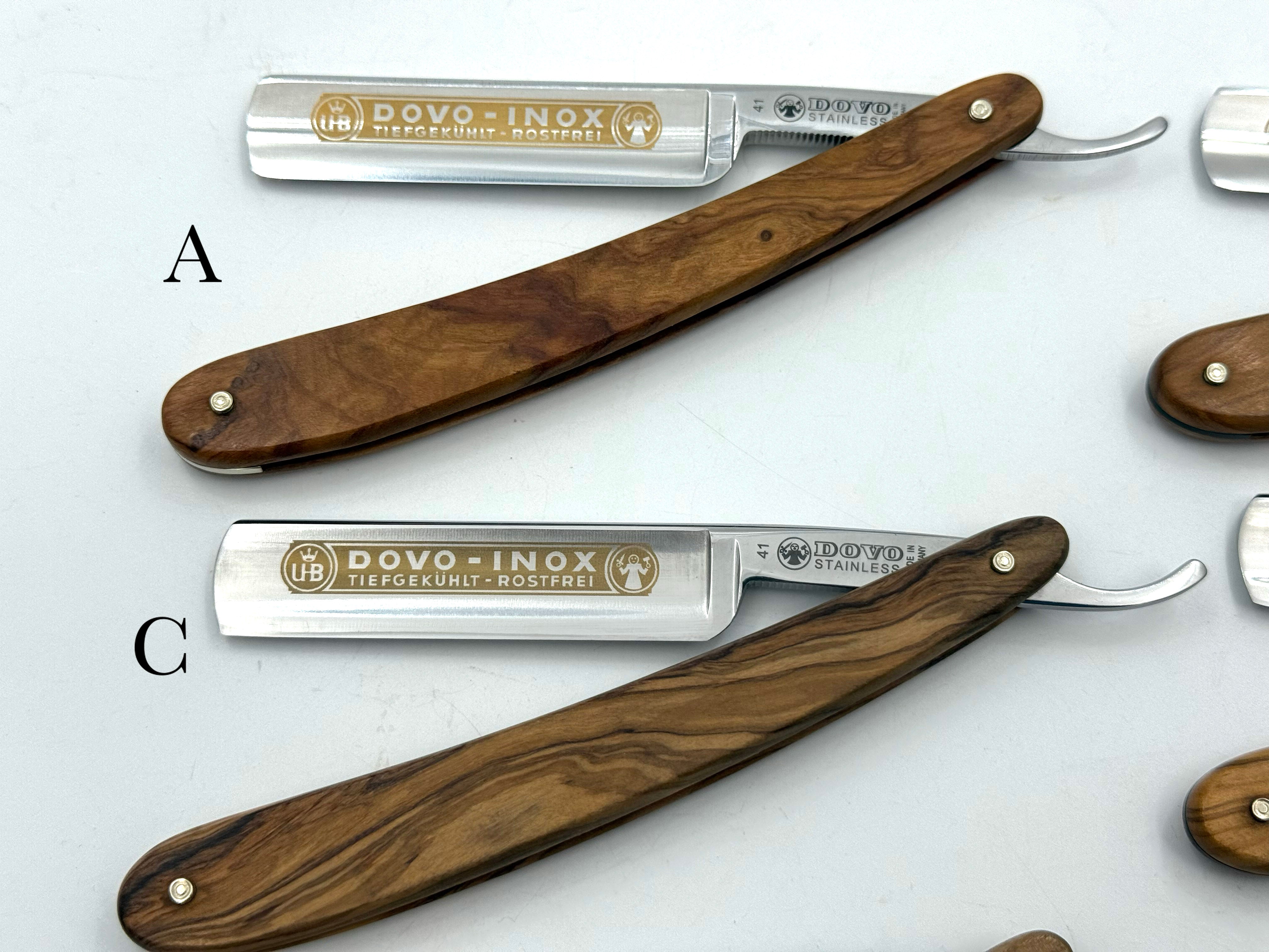 GSG Renewed "Dovo Inox" Olive Wood Handle 5/8 Etched Full Hollow Solingen Stainless Straight Razors (CHOOSE YOUR RAZOR)