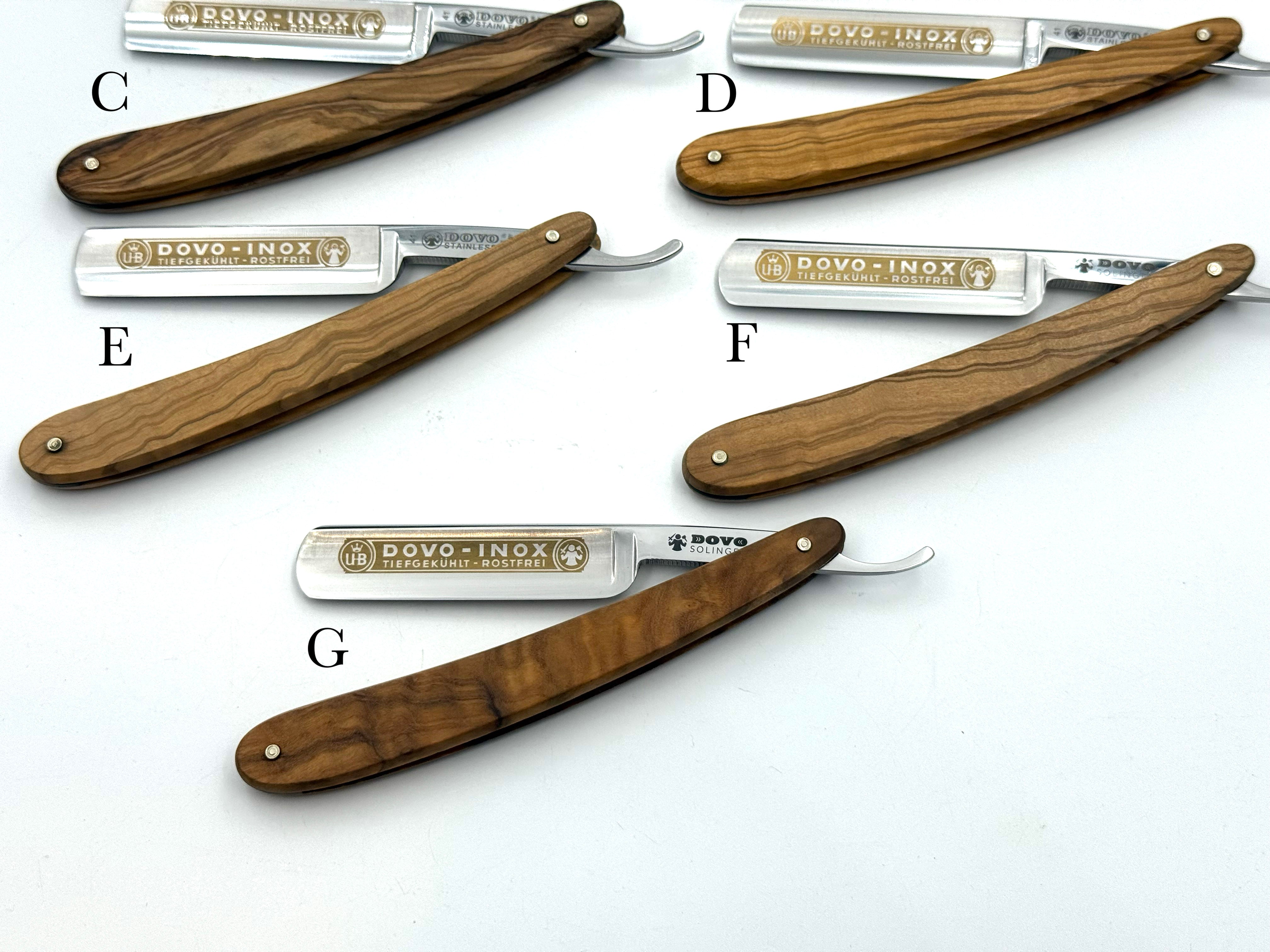 GSG Renewed "Dovo Inox" Olive Wood Handle 5/8 Etched Full Hollow Solingen Stainless Straight Razors (CHOOSE YOUR RAZOR)
